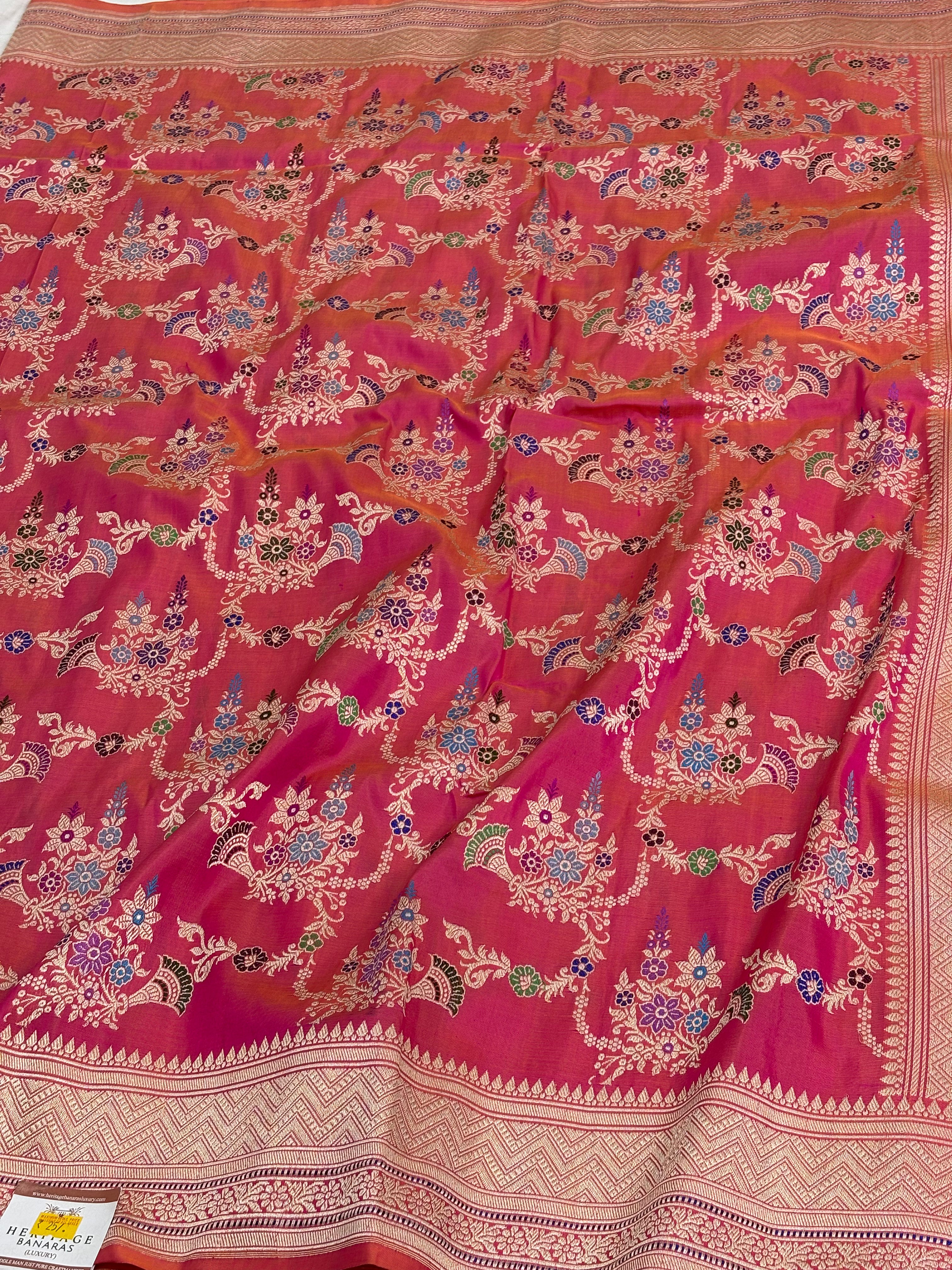 Pink Handwoven Banarasi Pure Katan Silk with Meenakari Kadwa Jaal Weaving