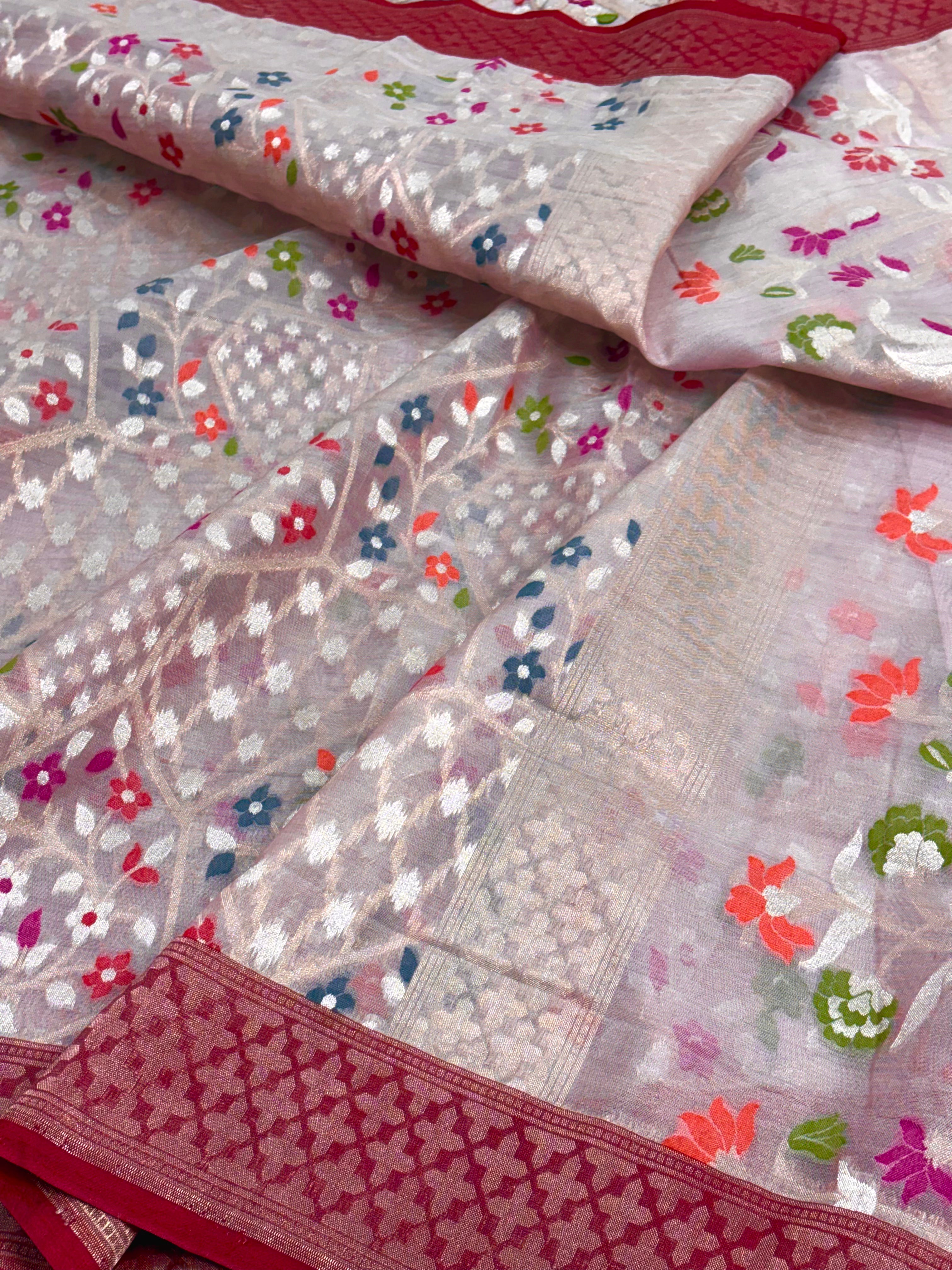 Ivory Handwoven Banarasi Jamdani Ektara Kora Silk with Meenakari Floral