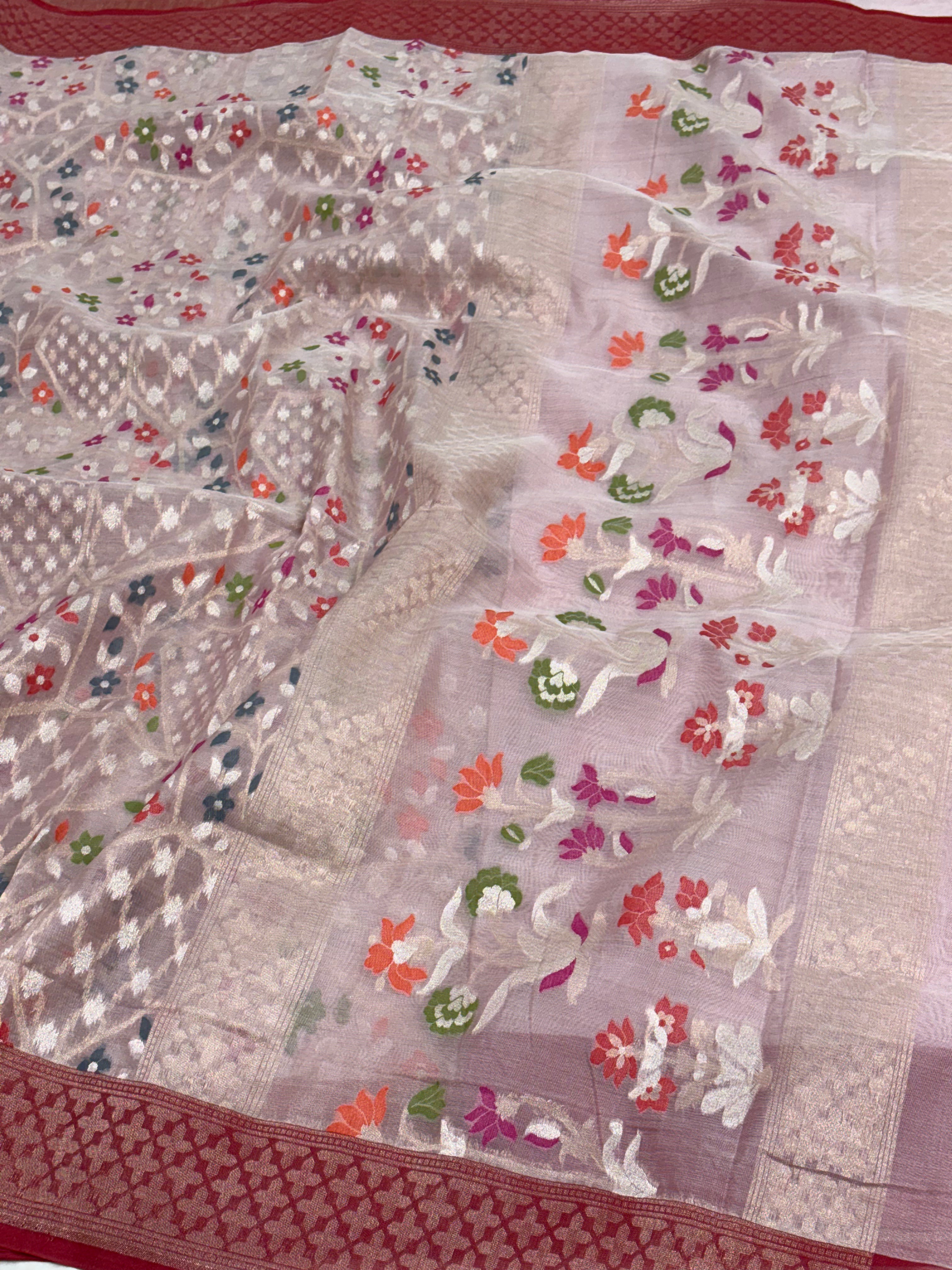 Ivory Handwoven Banarasi Jamdani Ektara Kora Silk with Meenakari Floral