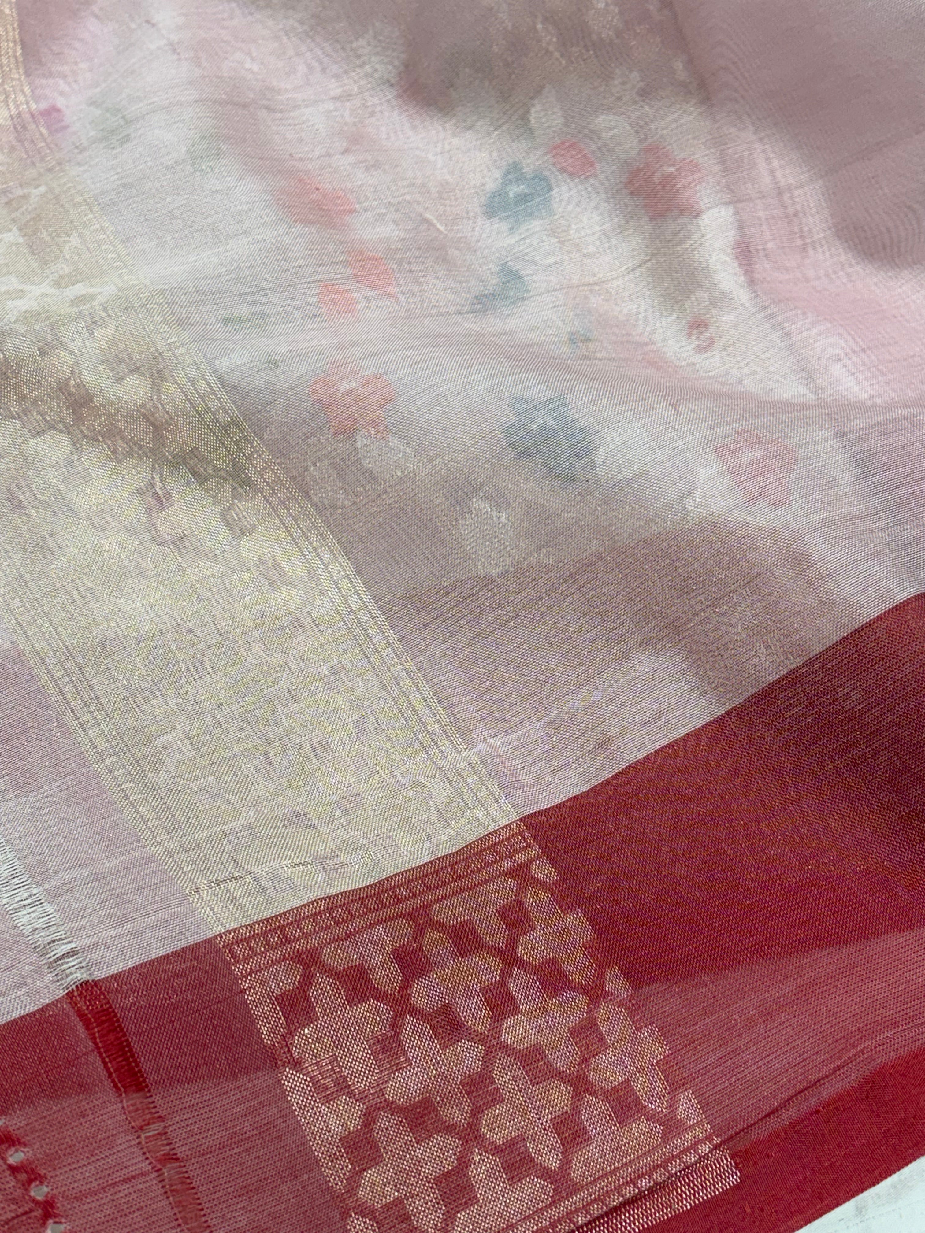 Ivory Handwoven Banarasi Jamdani Ektara Kora Silk with Meenakari Floral