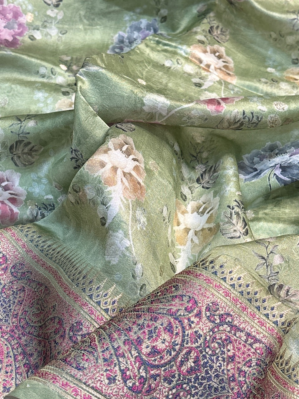 Green Printed Mango Katan Banarasi Silk Handwoven Saree