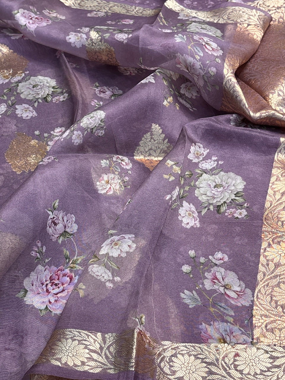 Mauve Banarasi Kora Printed Silk Handwoven Saree