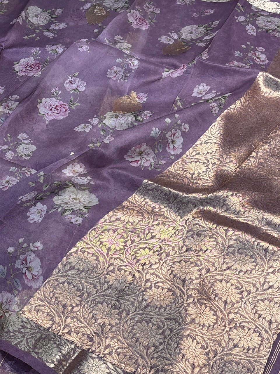 Mauve Banarasi Kora Printed Silk Handwoven Saree