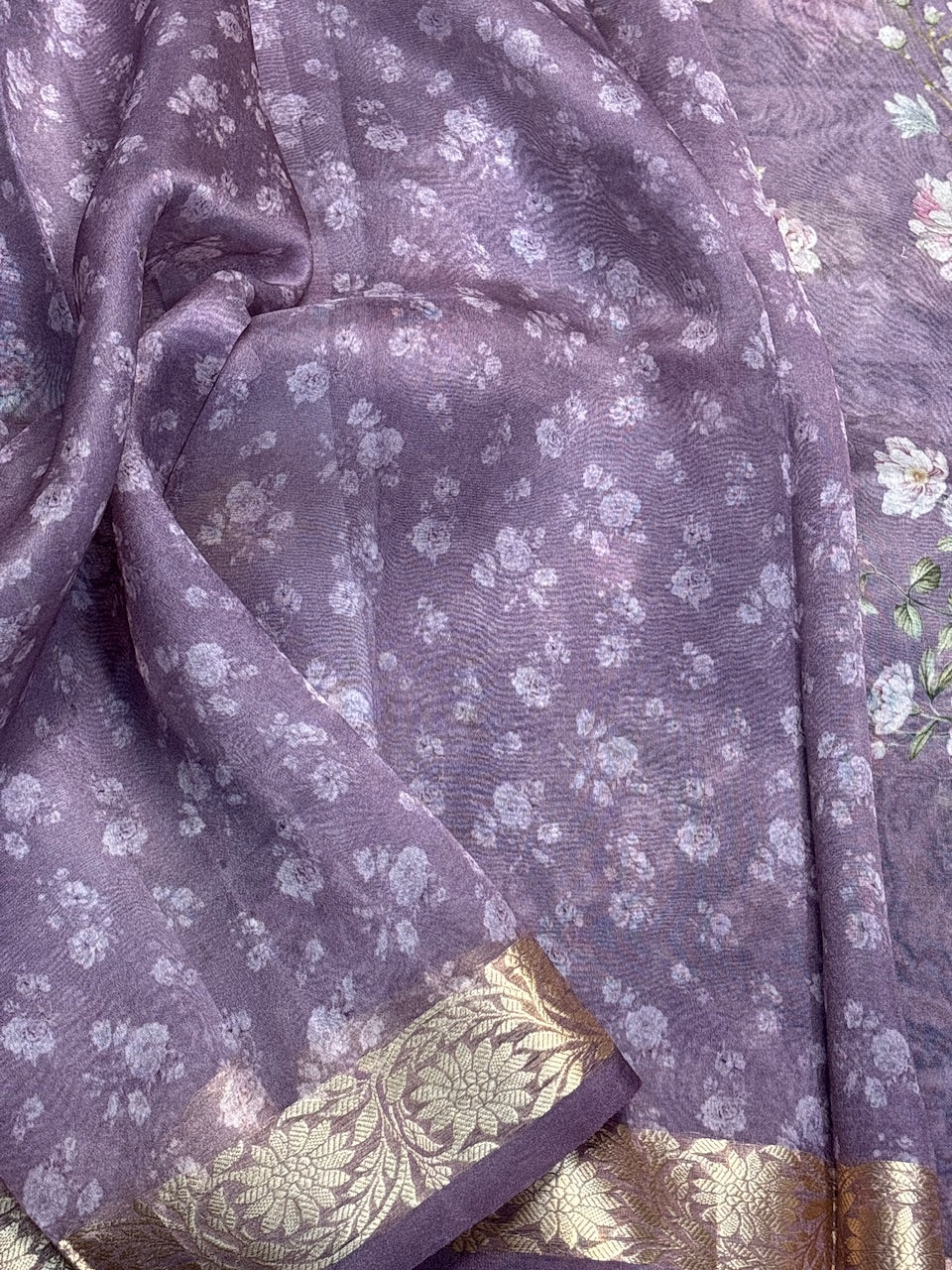 Mauve Banarasi Kora Printed Silk Handwoven Saree