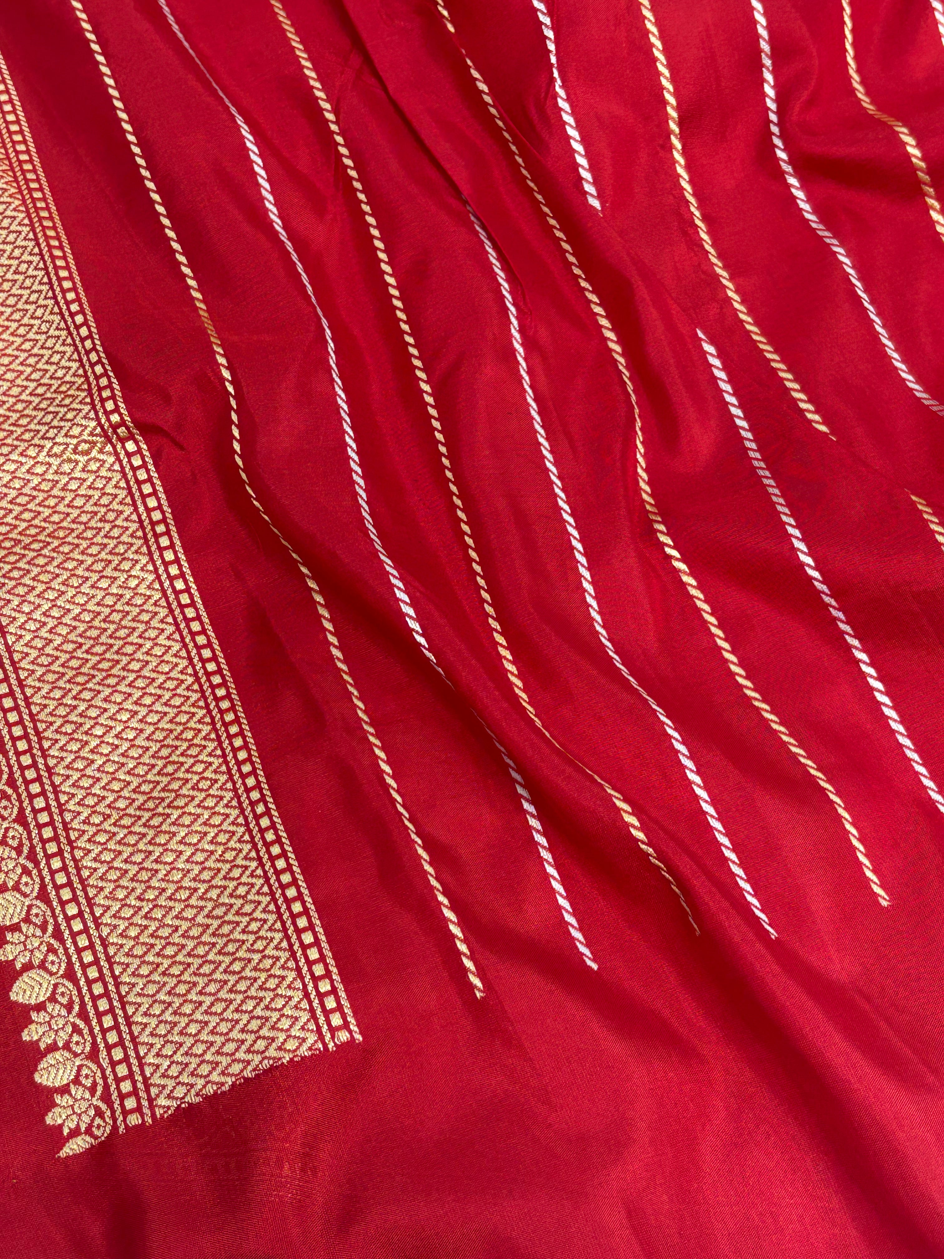Red Handwoven Banarasi Pure Katan Silk Saree with Rupa Sona Chand Tara Buti