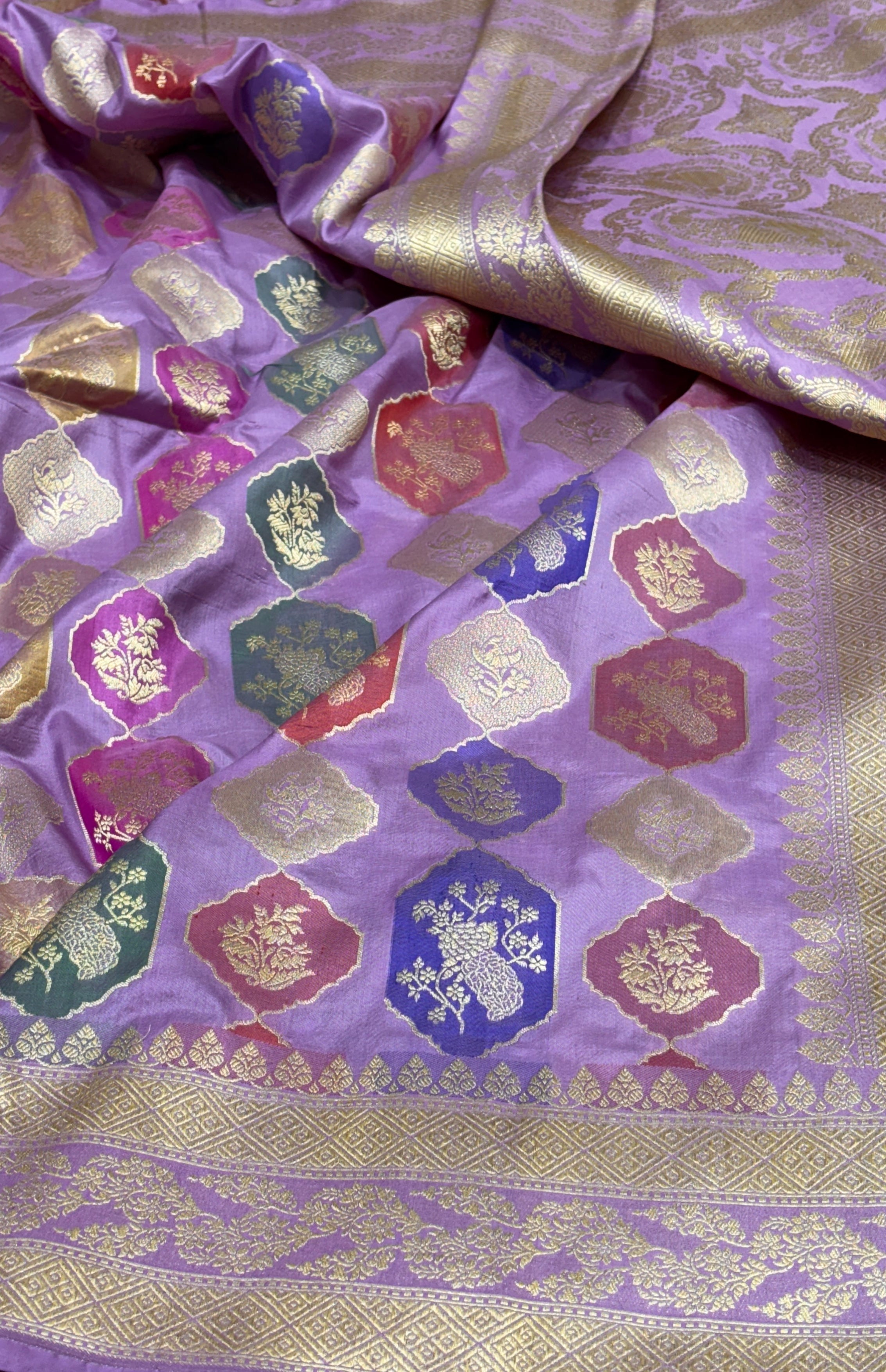 Pure Katan Silk Banarasi Saree in Purple with Multicolor Pattern