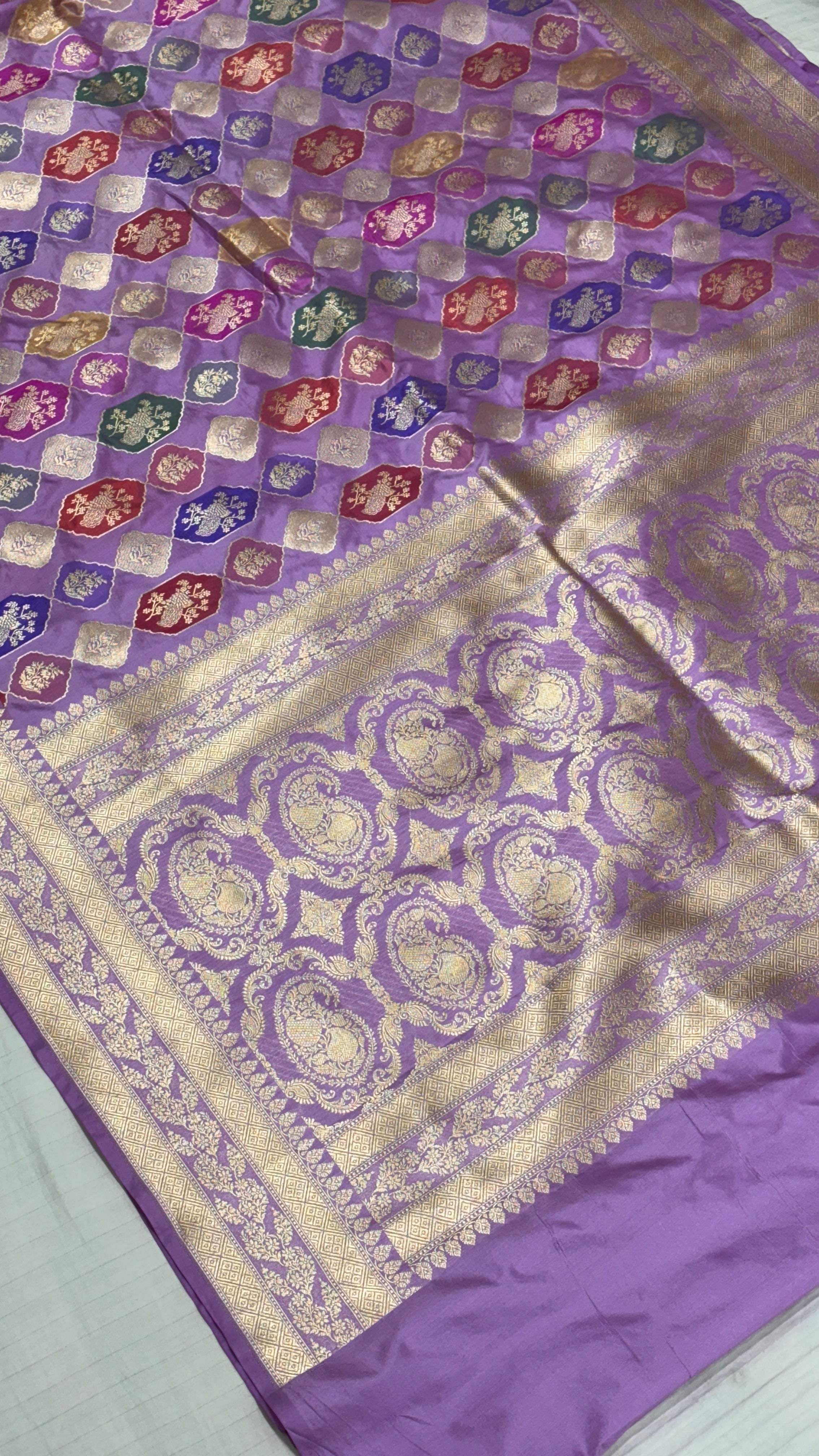 Pure Katan Silk Banarasi Saree in Purple with Multicolor Pattern