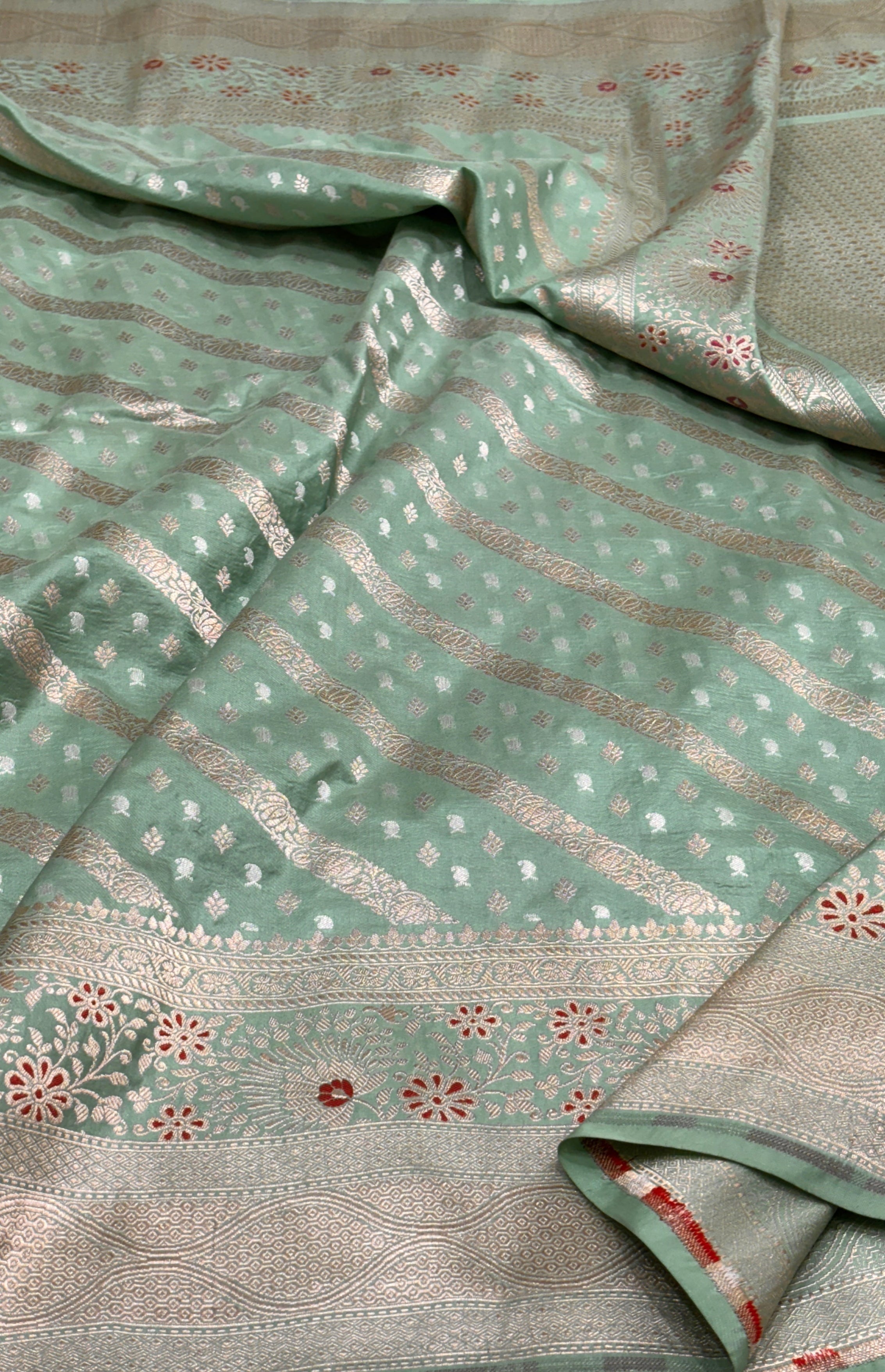 Pure Katan Silk Banarasi Saree in Off-Green