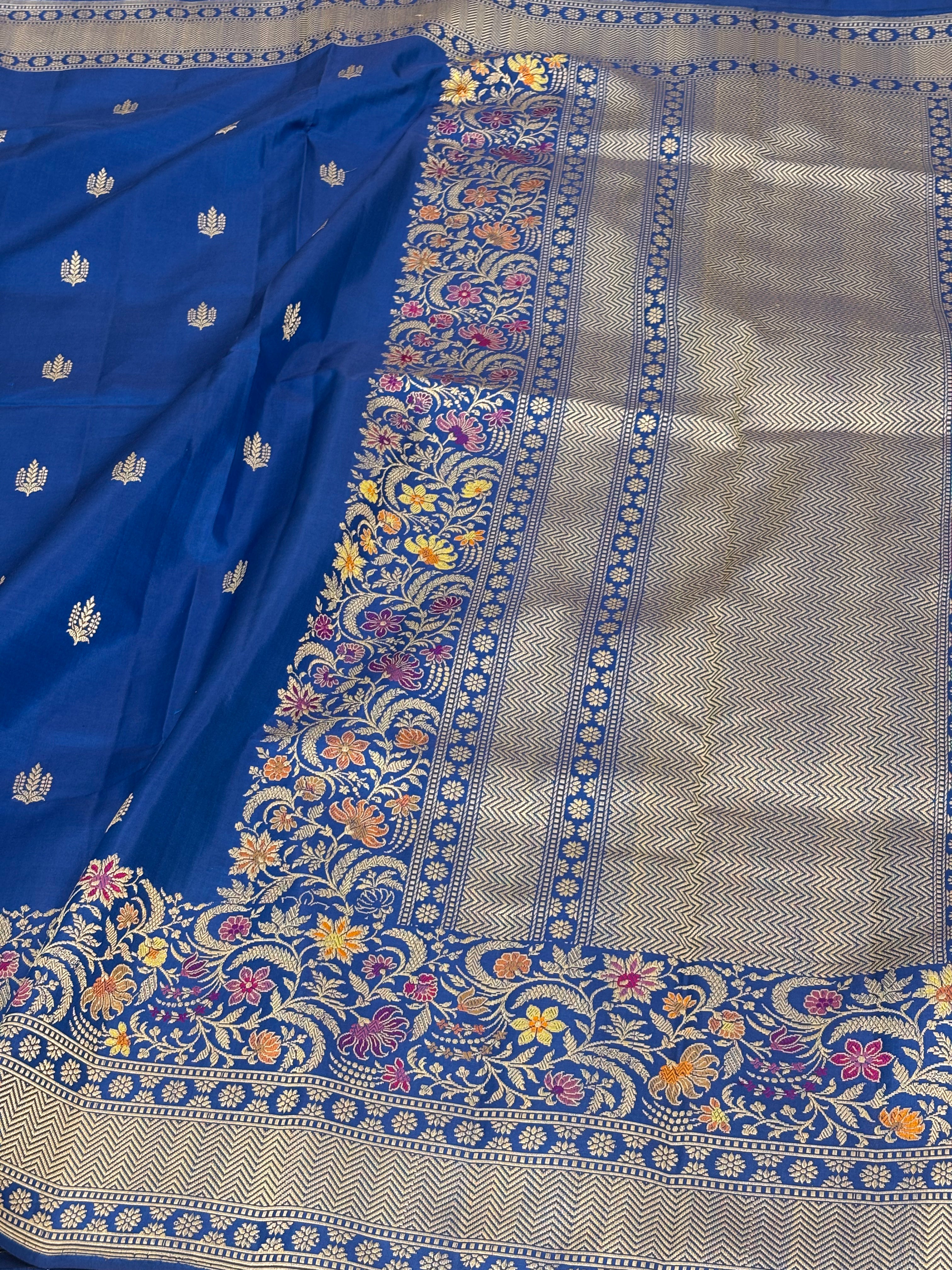 Blue Handwoven Banarasi Pure Katan Silk with Meenakari Border