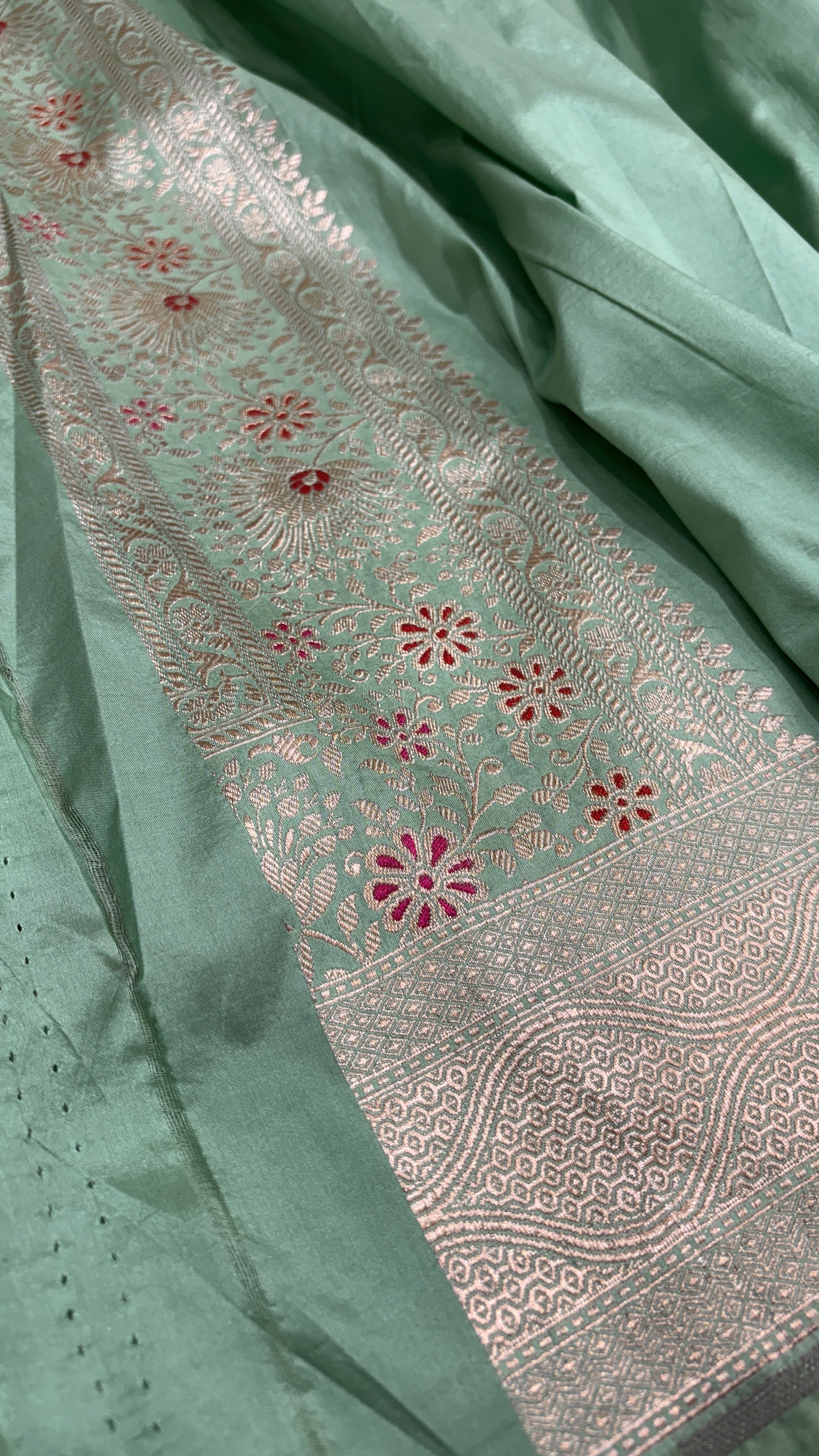 Pure Katan Silk Banarasi Saree in Off-Green