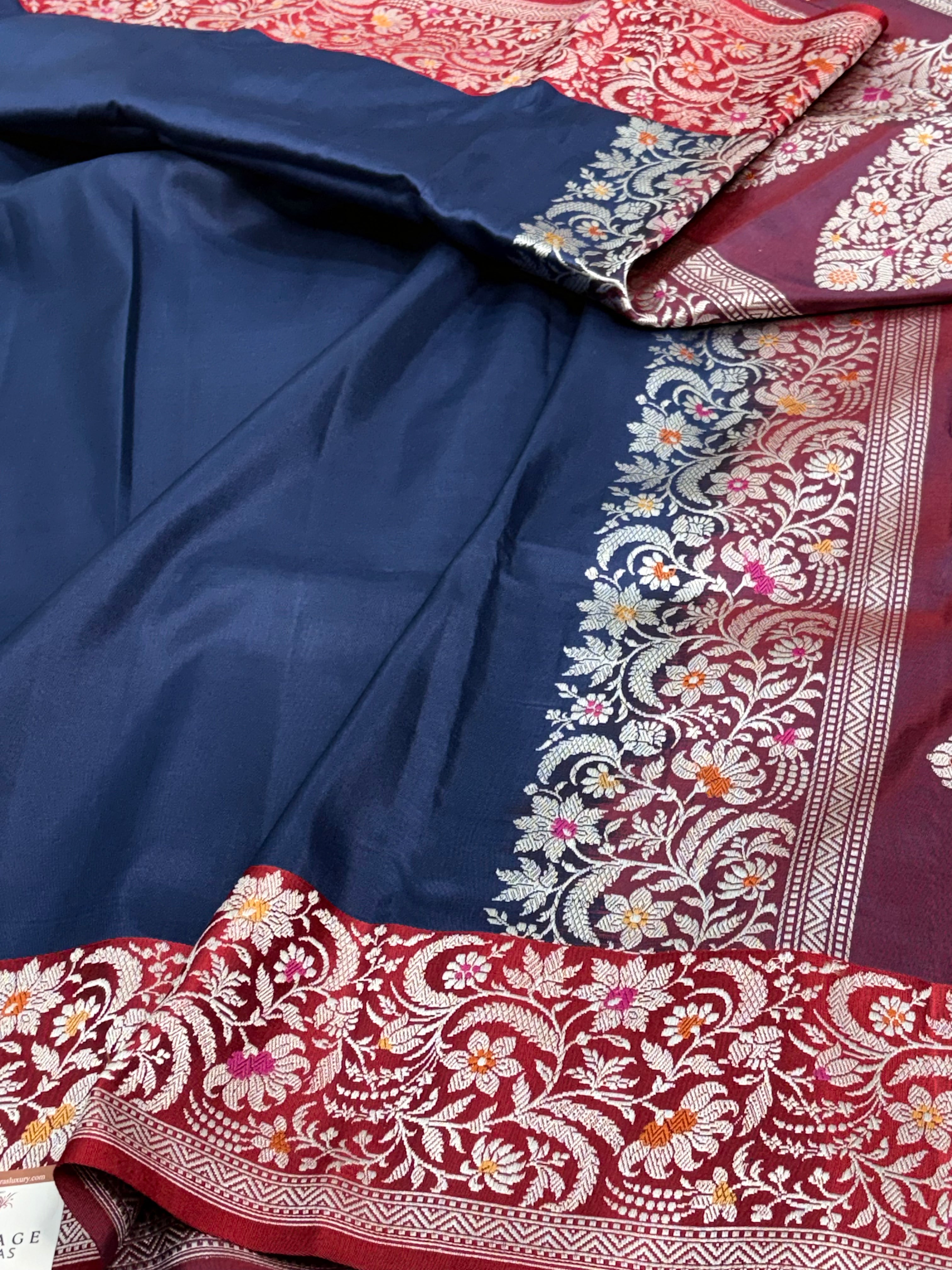 Navy Blue Handwoven Banarasi Pure Katan Silk Saree with Meenakari Border