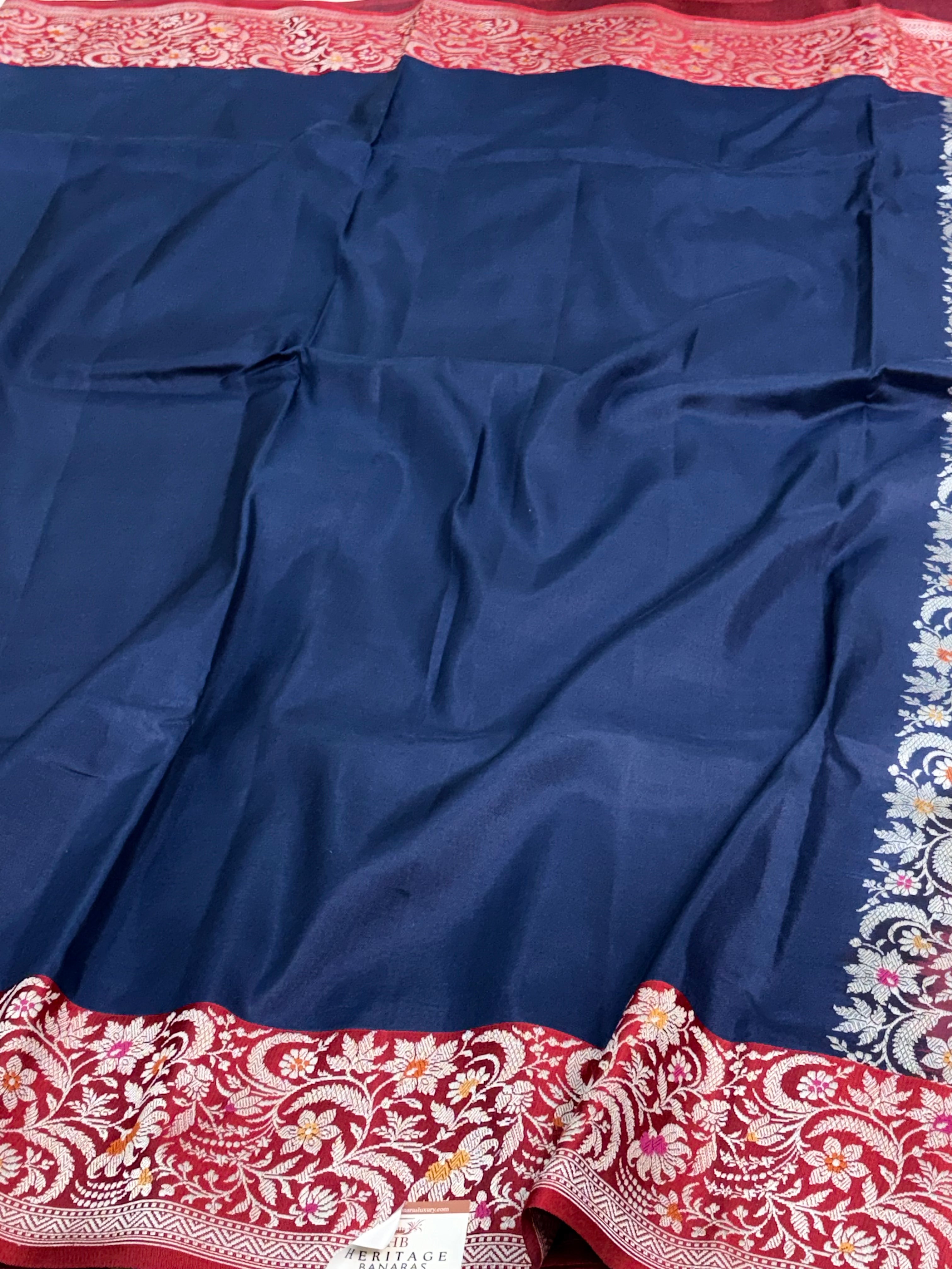 Navy Blue Handwoven Banarasi Pure Katan Silk Saree with Meenakari Border