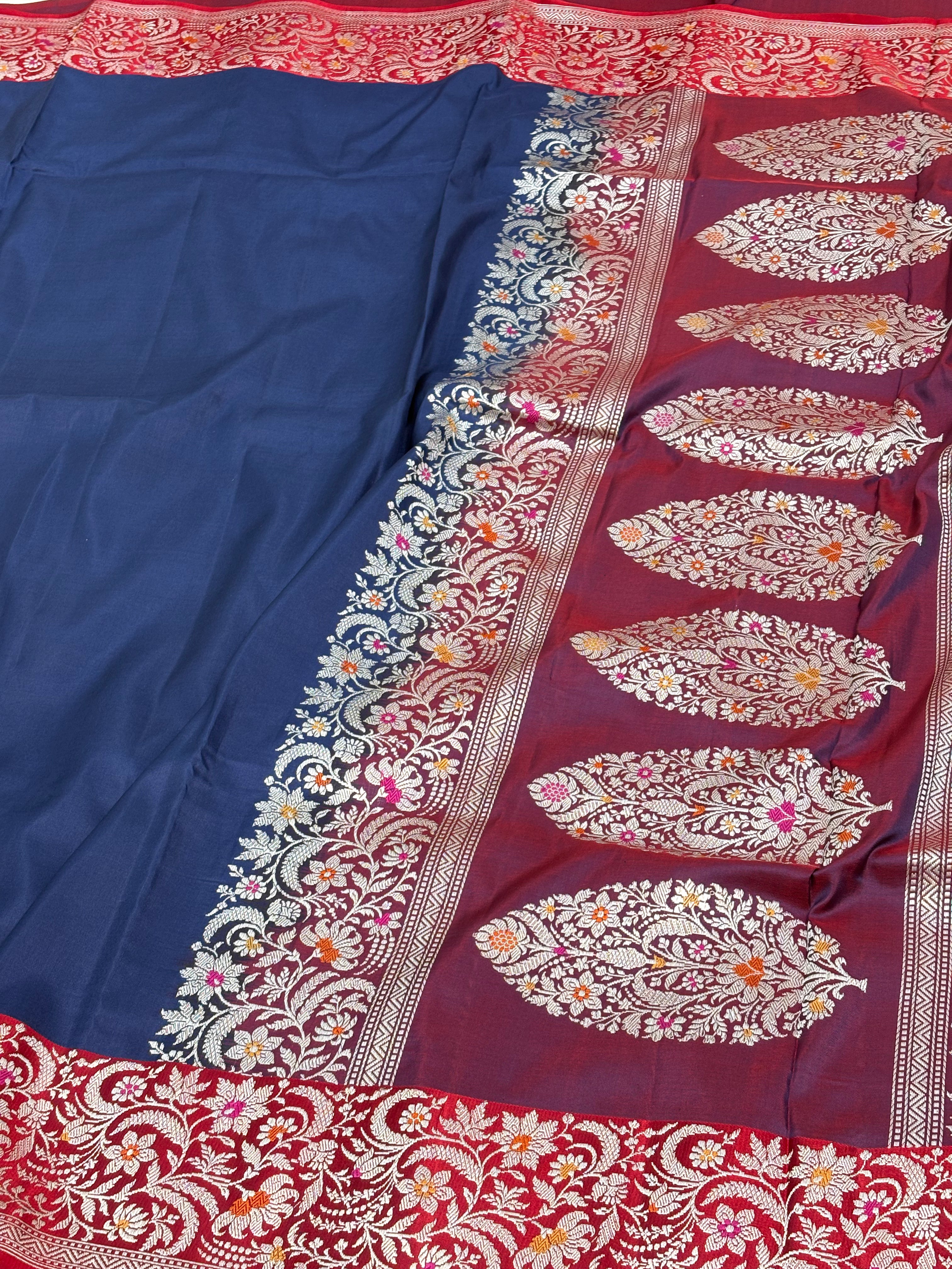 Navy Blue Handwoven Banarasi Pure Katan Silk Saree with Meenakari Border