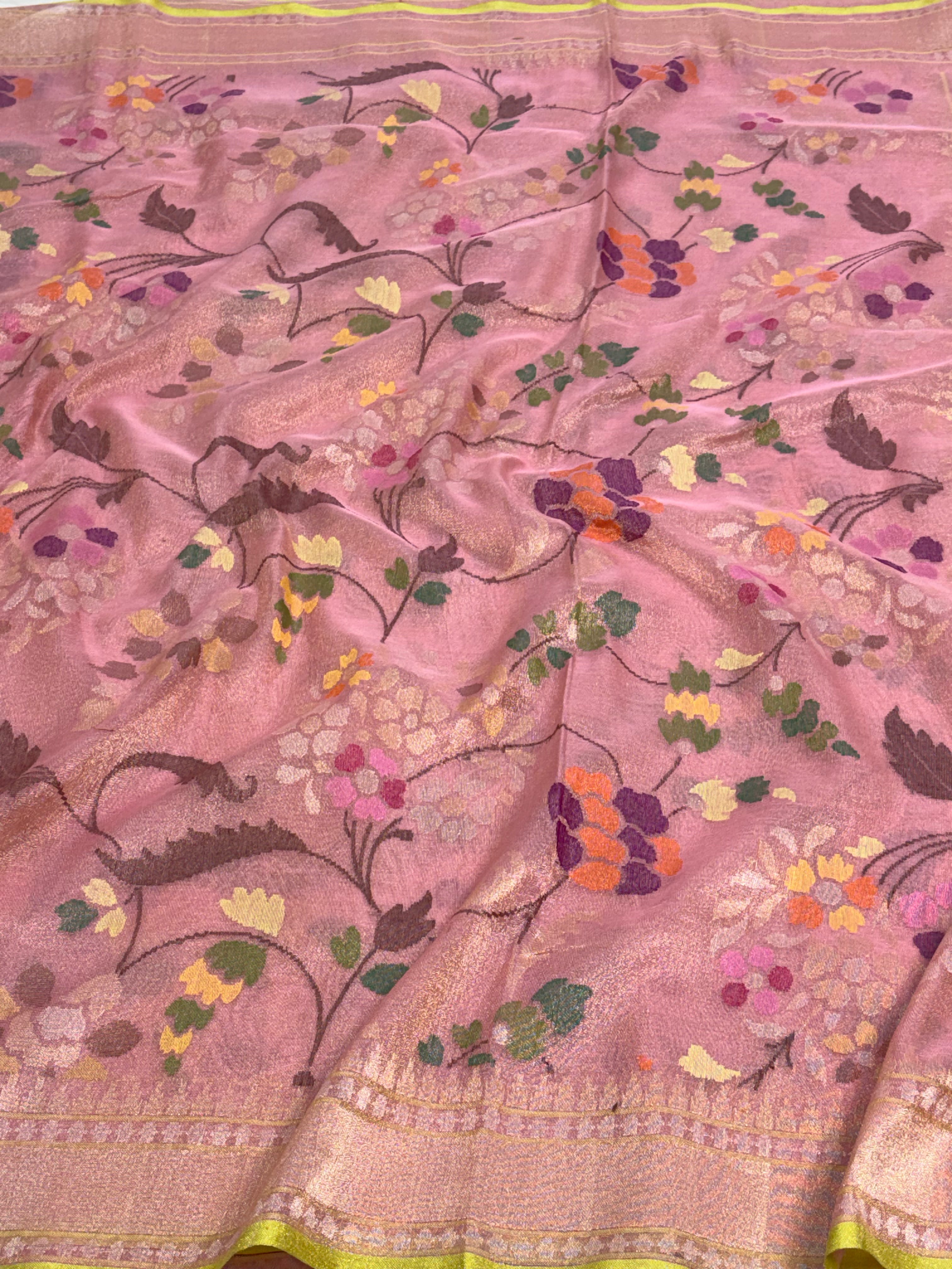 Pink Handwoven Banarasi Jamdani Real Zari Tissue Silk Saree with Floral Meenakari Work