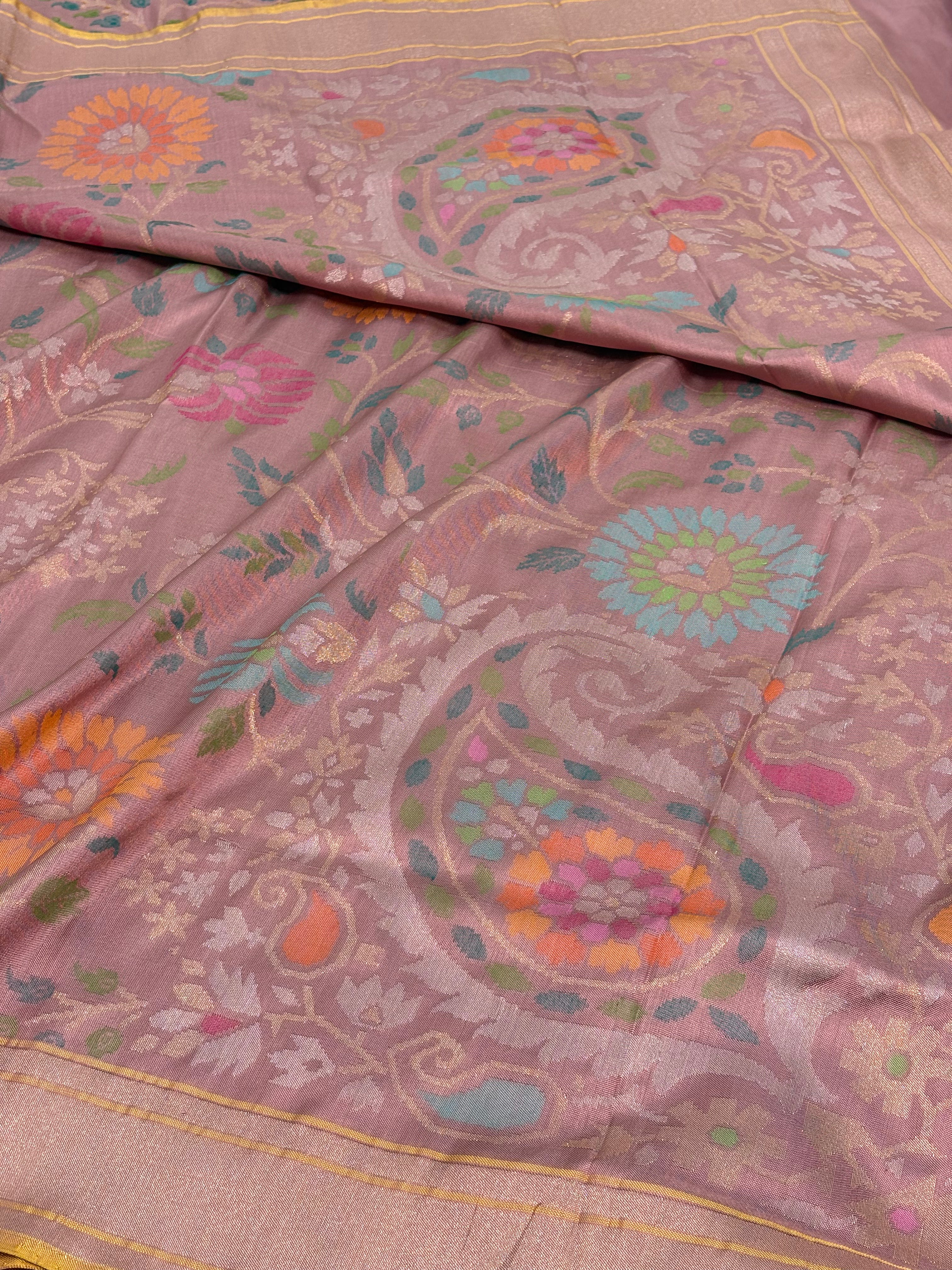 Smoke Pink Handwoven Banarasi Pure Ektara Katan Silk Saree with Real Gold & Silver Zari