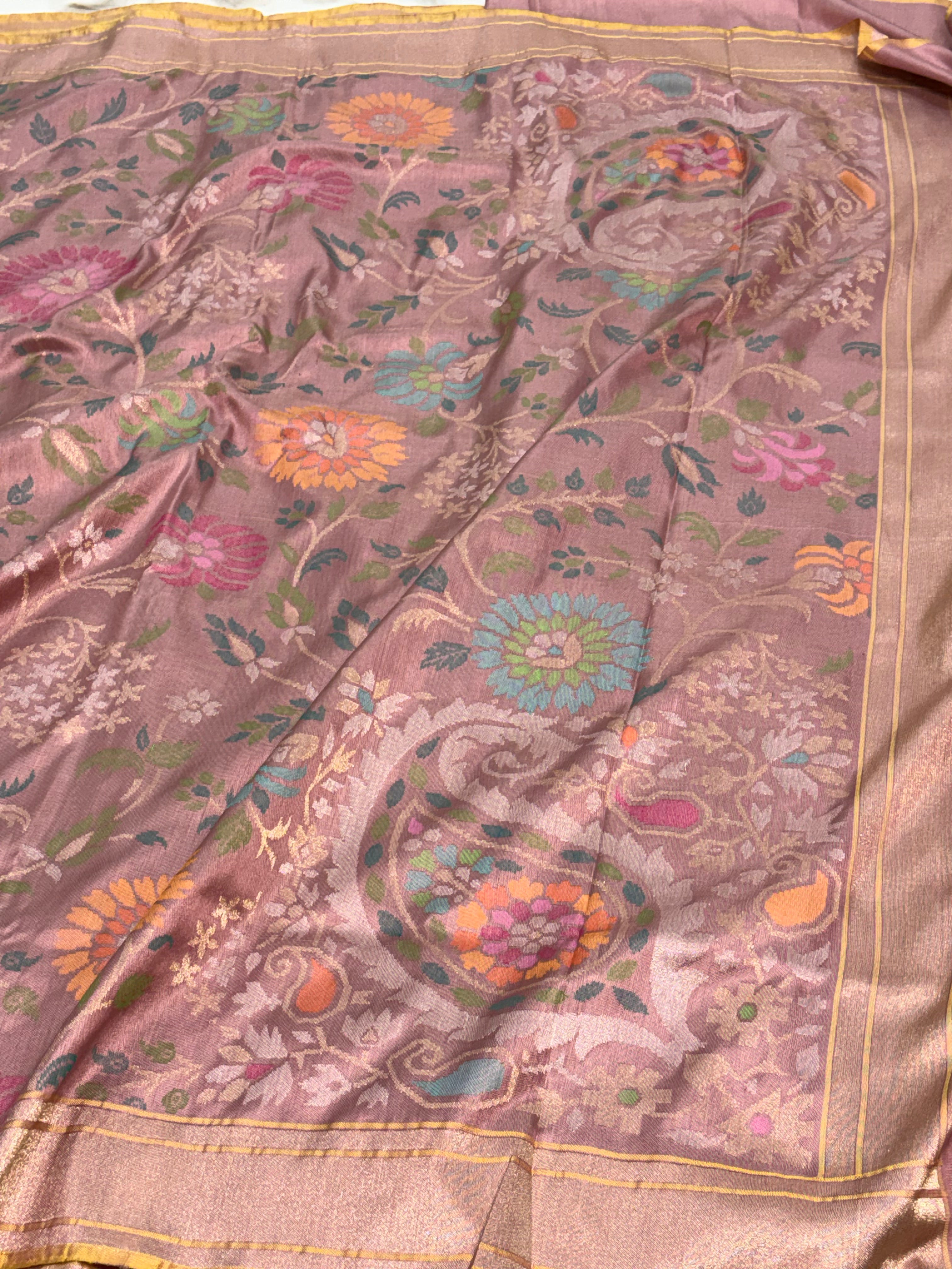 Smoke Pink Handwoven Banarasi Pure Ektara Katan Silk Saree with Real Gold & Silver Zari
