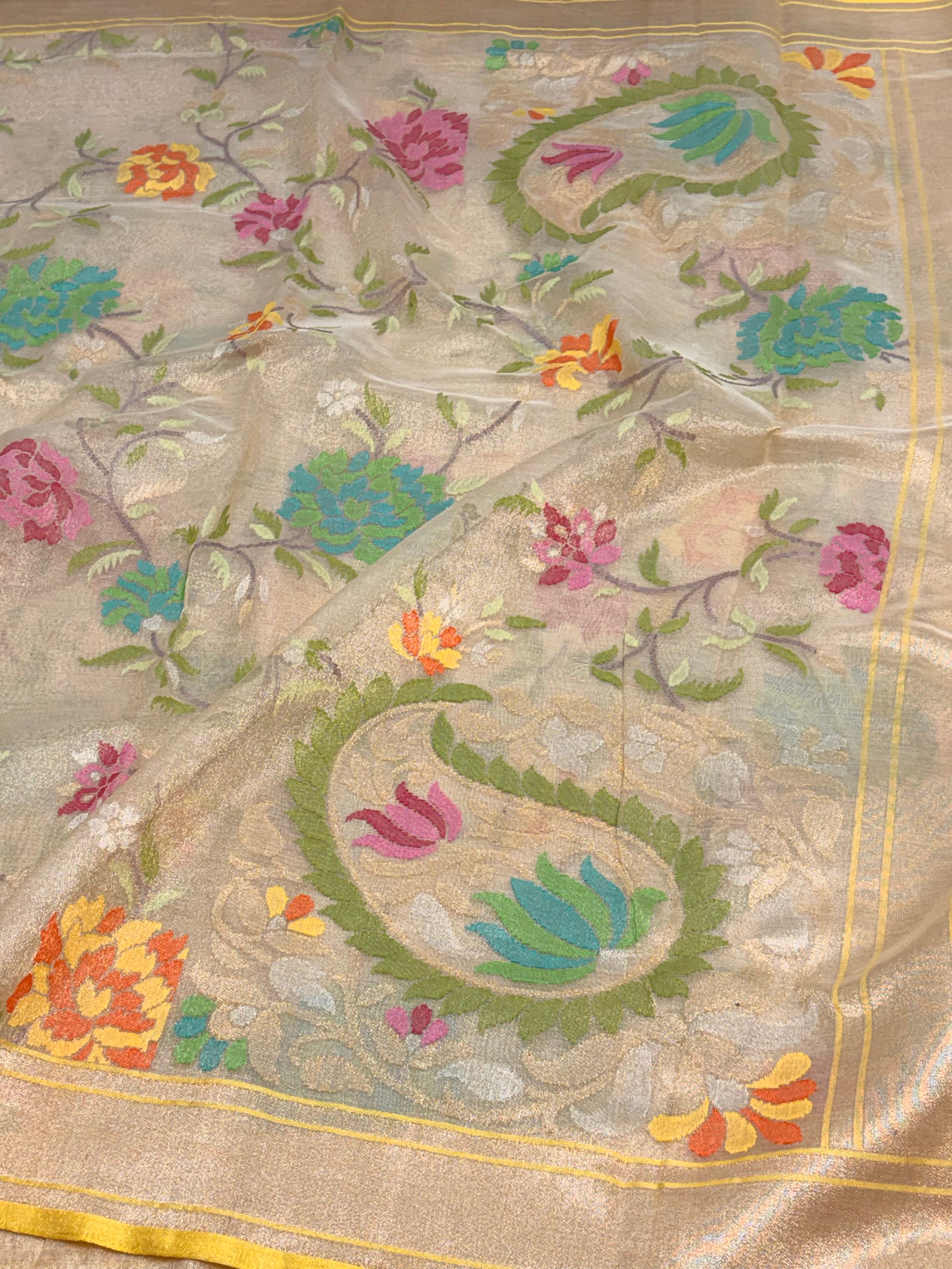Ivory Handwoven Banarasi Pure Tissue Jamdani with Real Gold and Silver Zari