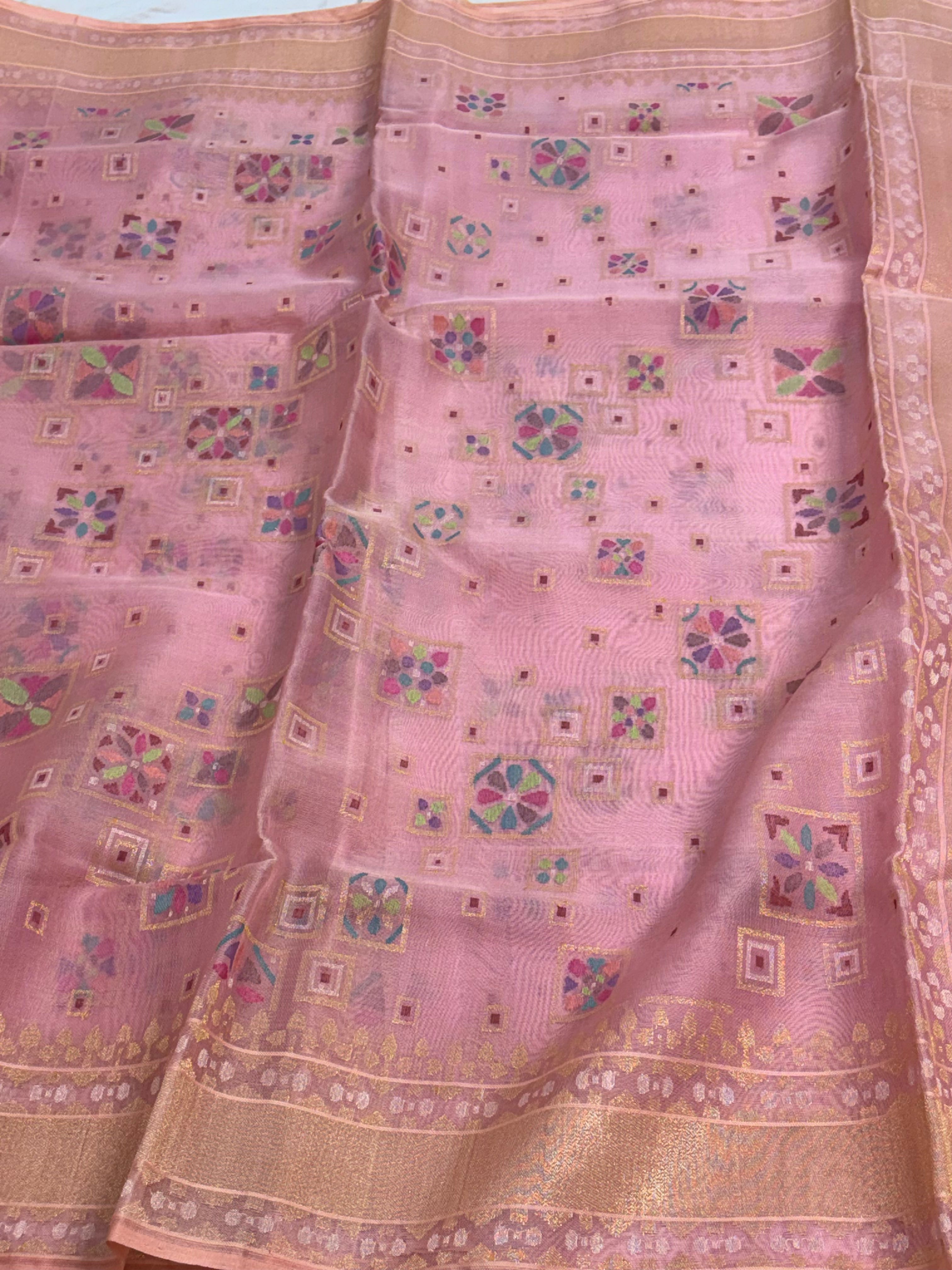 Pink Handwoven Banarasi Pure Kora Ektara Jamdani Saree with Real Gold & Silver Zari