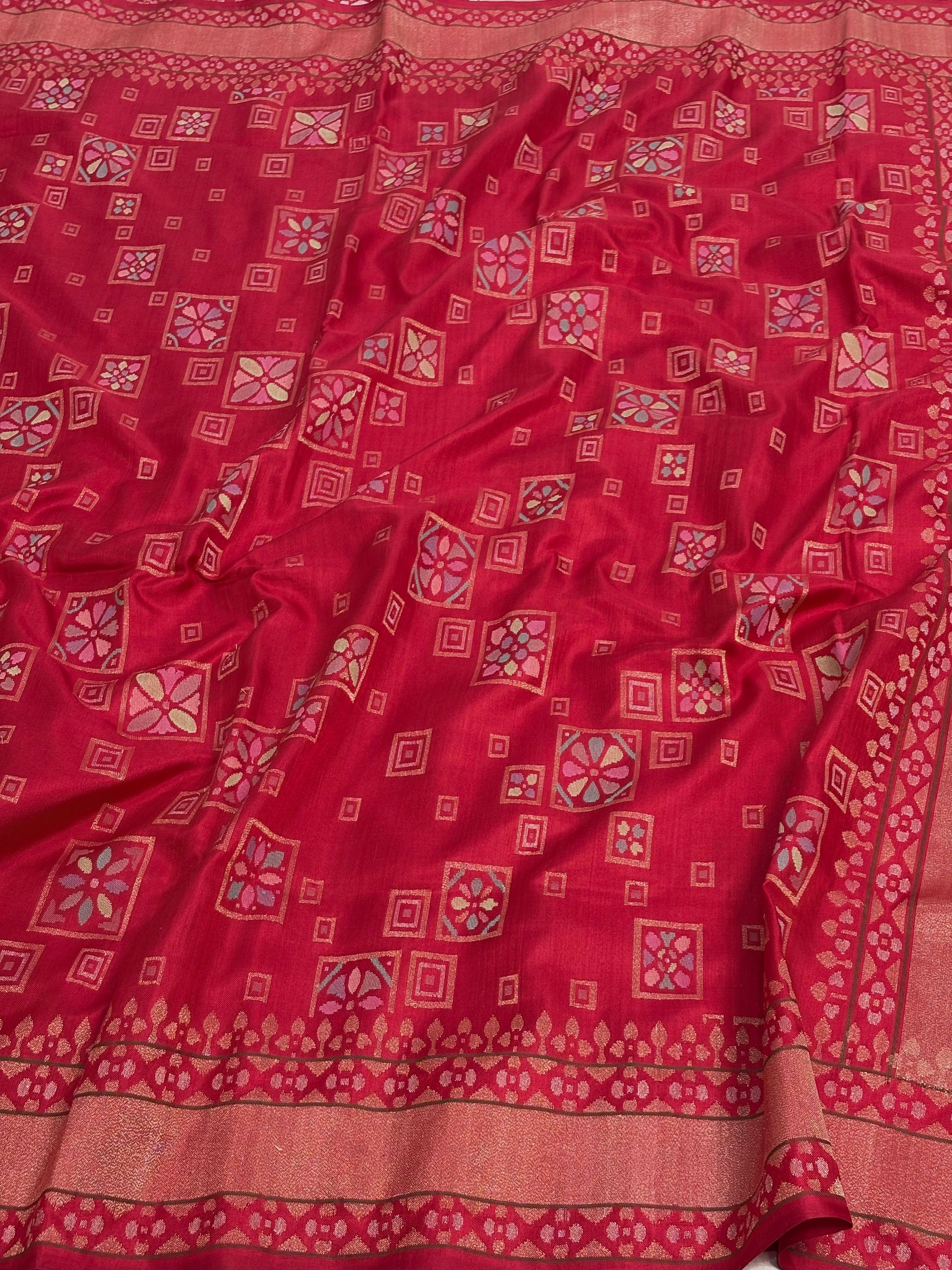 Raktambari Handwoven Banarasi Pure Katan Silk Ektara Jamdani Saree with Real Gold & Silver Zari
