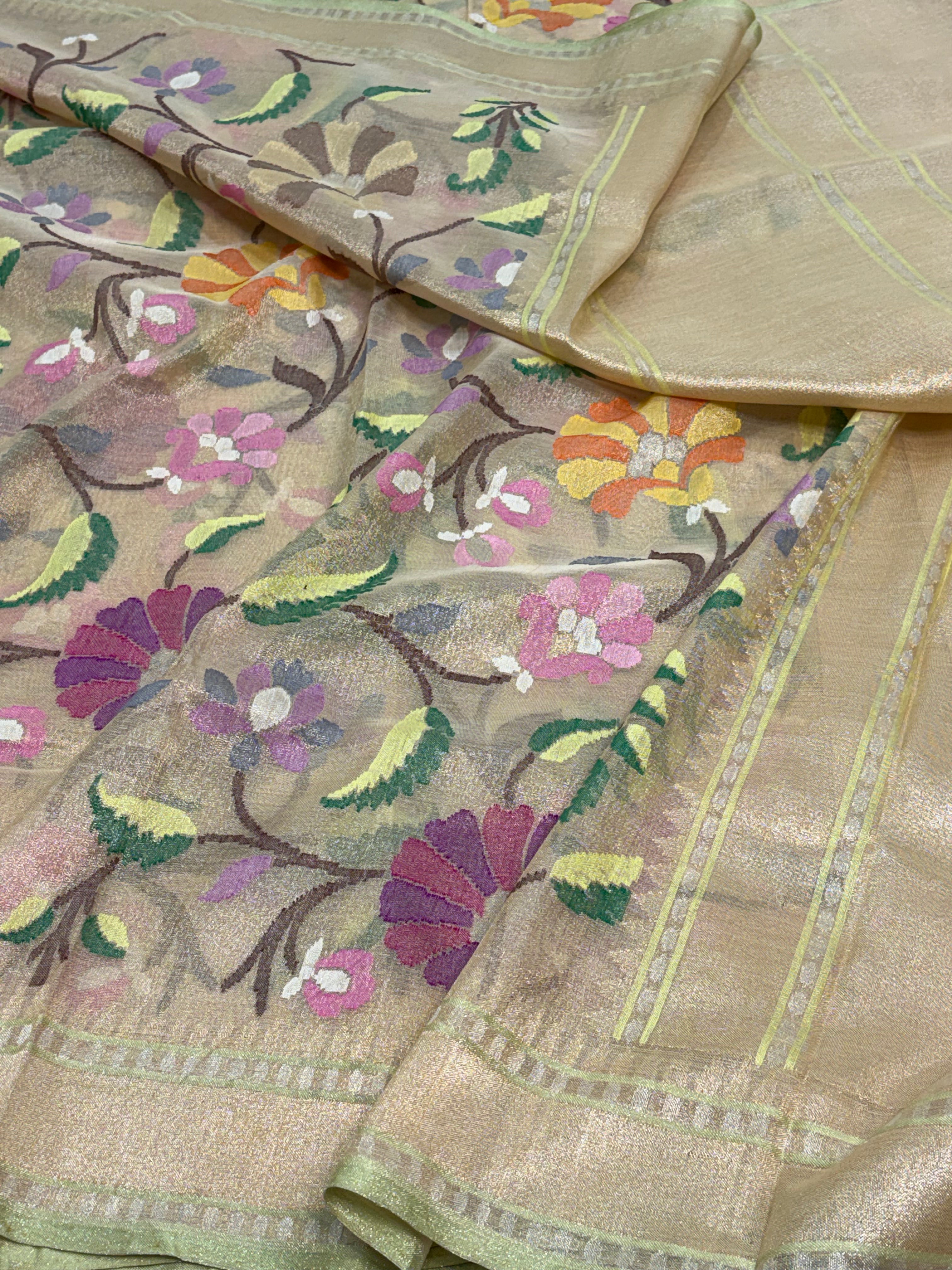 Golden Handwoven Banarasi Pure Tissue Jamdani Saree with Real Gold and Silver Zari