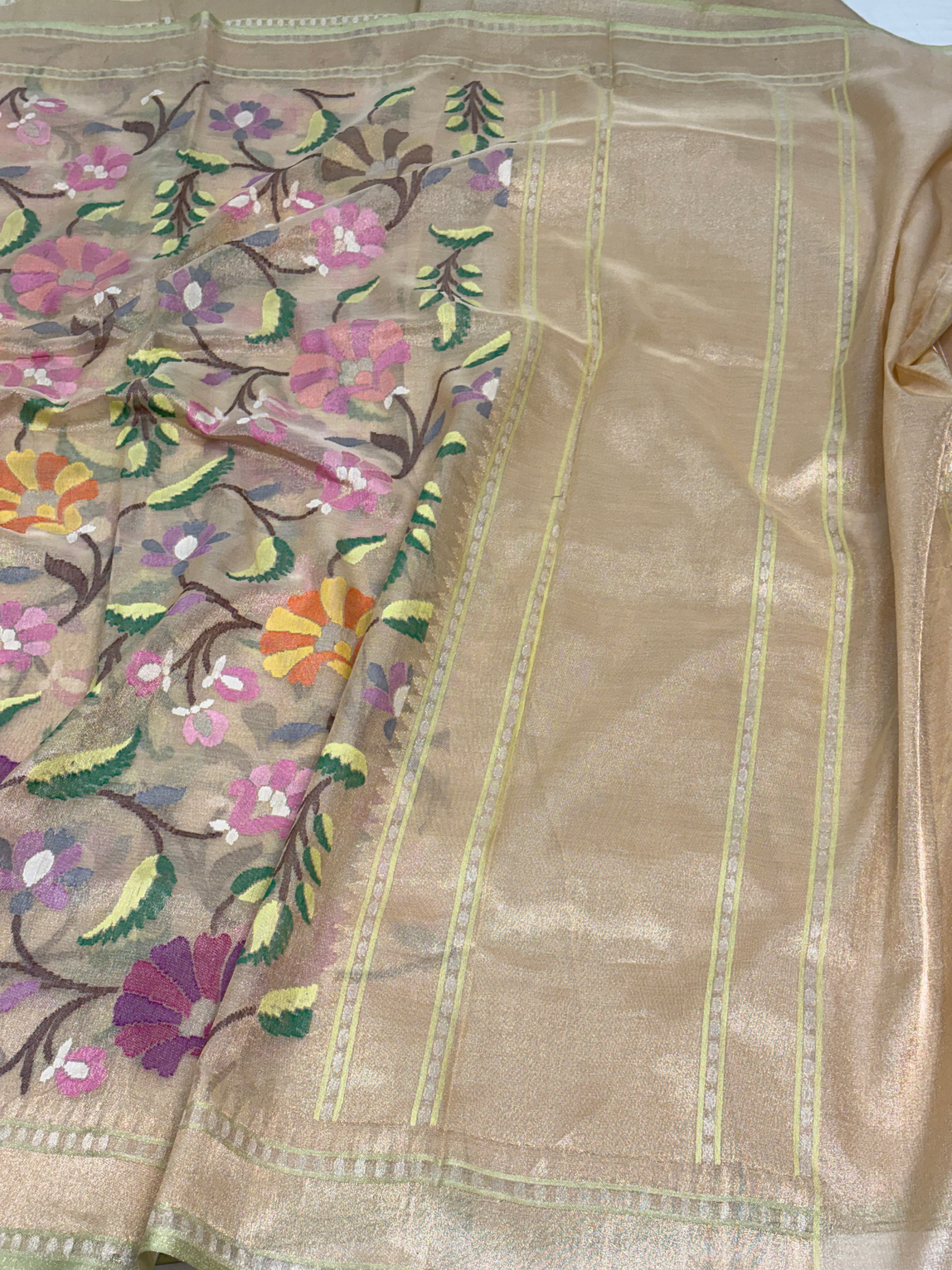Golden Handwoven Banarasi Pure Tissue Jamdani Saree with Real Gold and Silver Zari