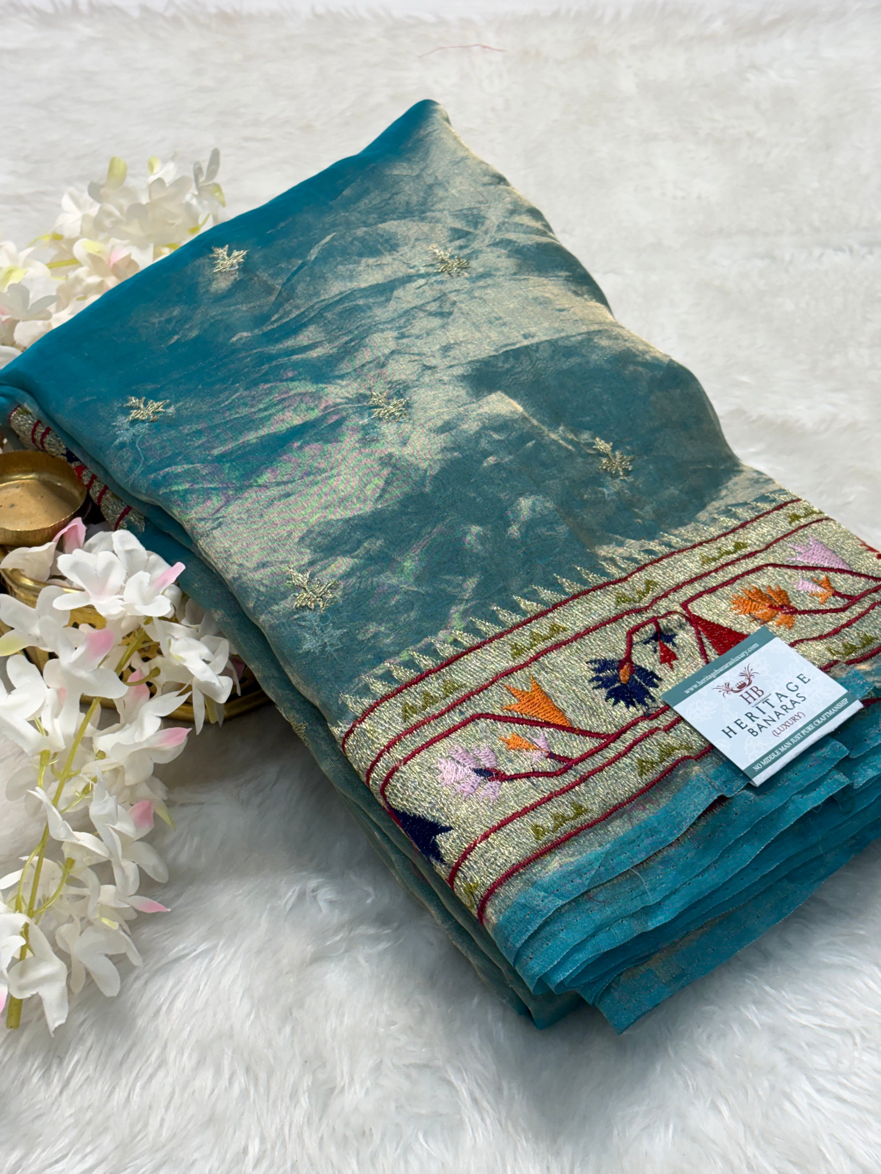 Teal Blue Pure Tissue Banarasi Saree with Meenakari Border and Pathani Style Zari Embroidery