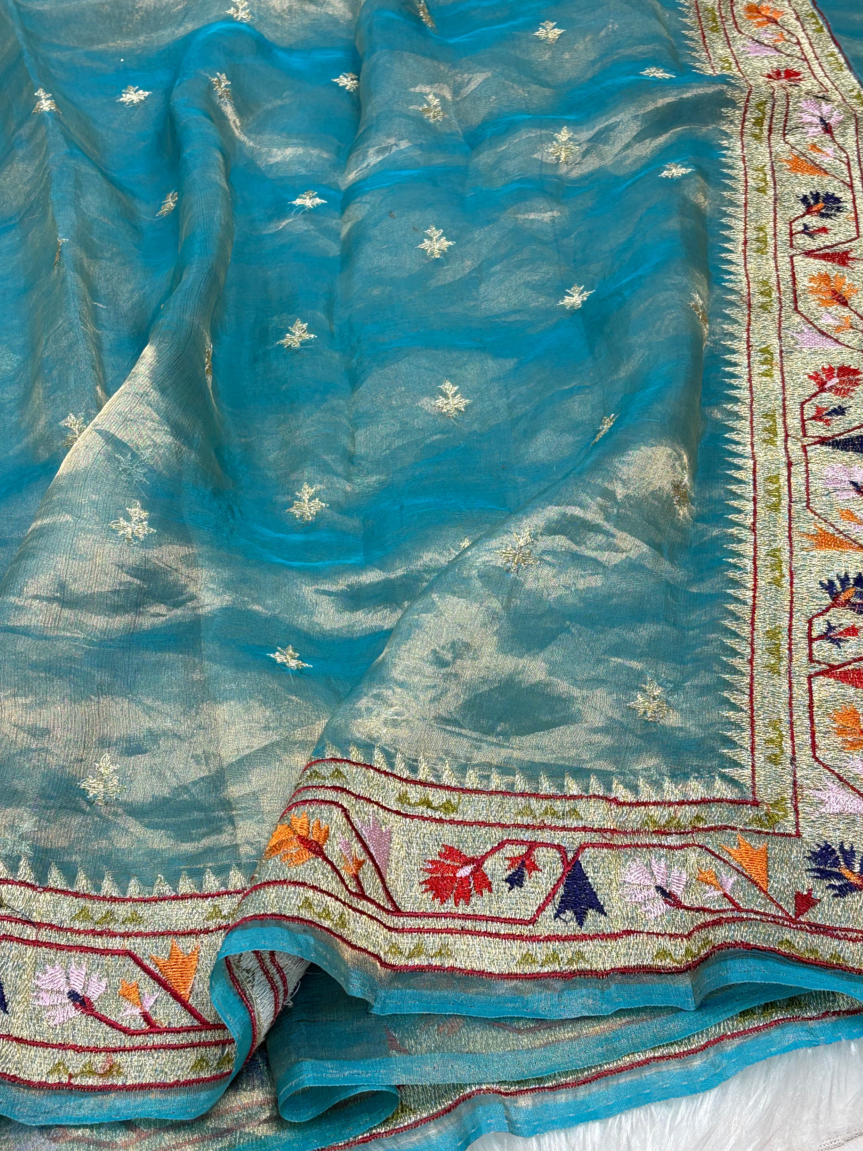 Teal Blue Pure Tissue Banarasi Saree with Meenakari Border and Pathani Style Zari Embroidery