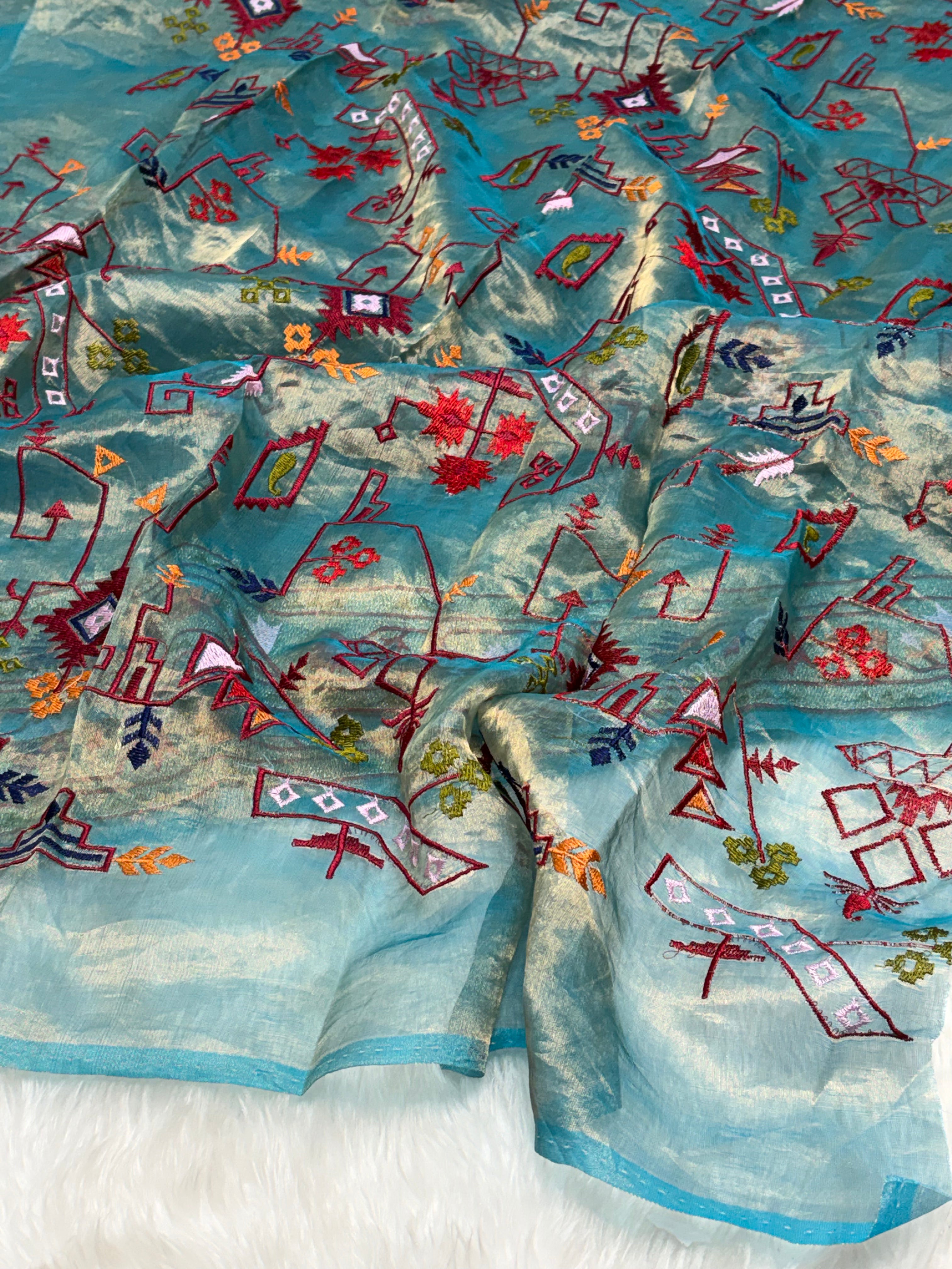 Teal Blue Pure Tissue Banarasi Saree with Meenakari Border and Pathani Style Zari Embroidery