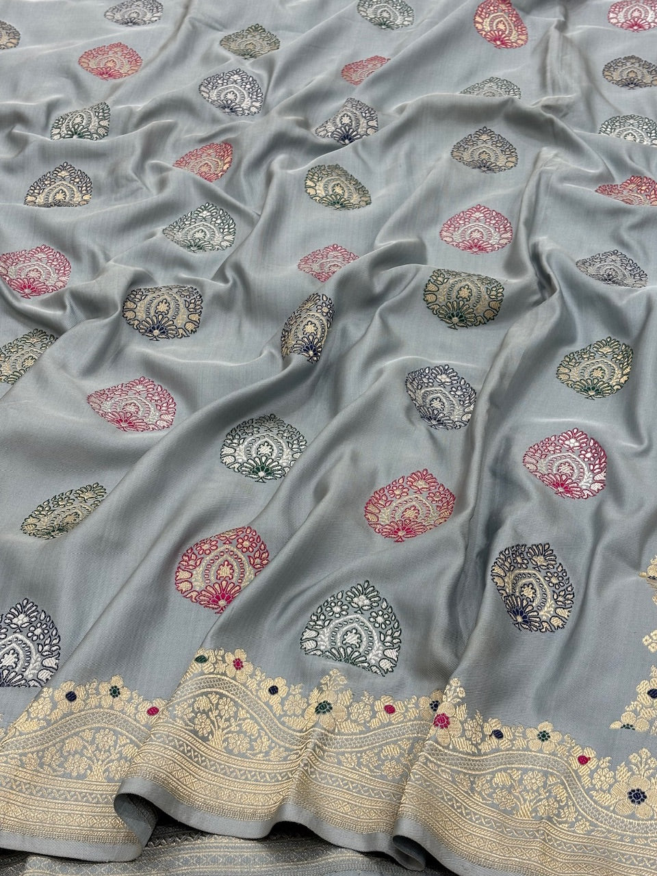 Ice Grey Blue Pure Banarasi Ektara Silk Handwoven Saree