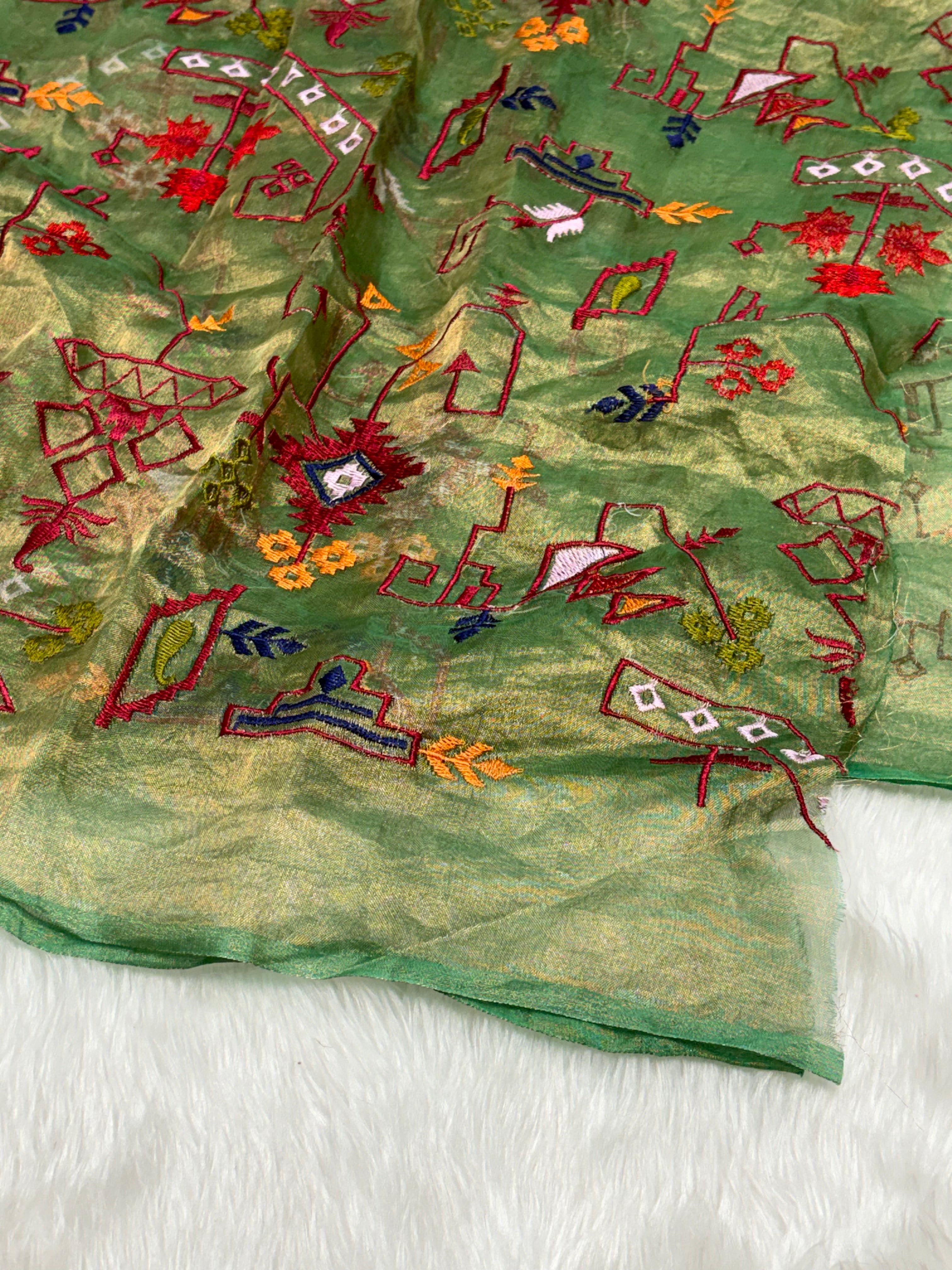 Olive Green Pure Tissue Banarasi Saree with Meenakari Border and Pathani Style Zari Embroidery