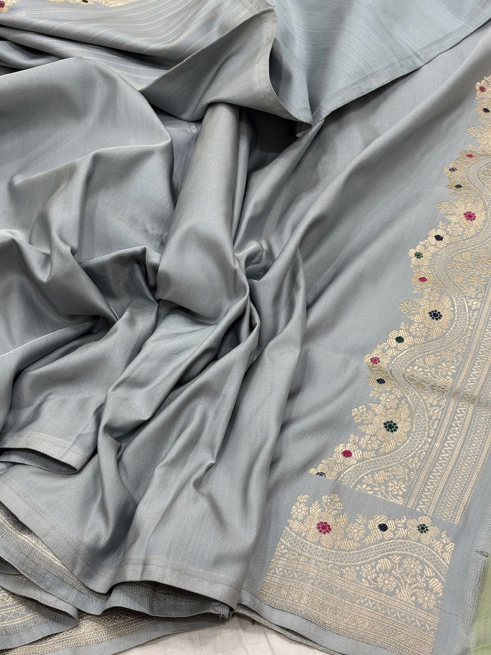 Ice Grey Blue Pure Banarasi Ektara Silk Handwoven Saree