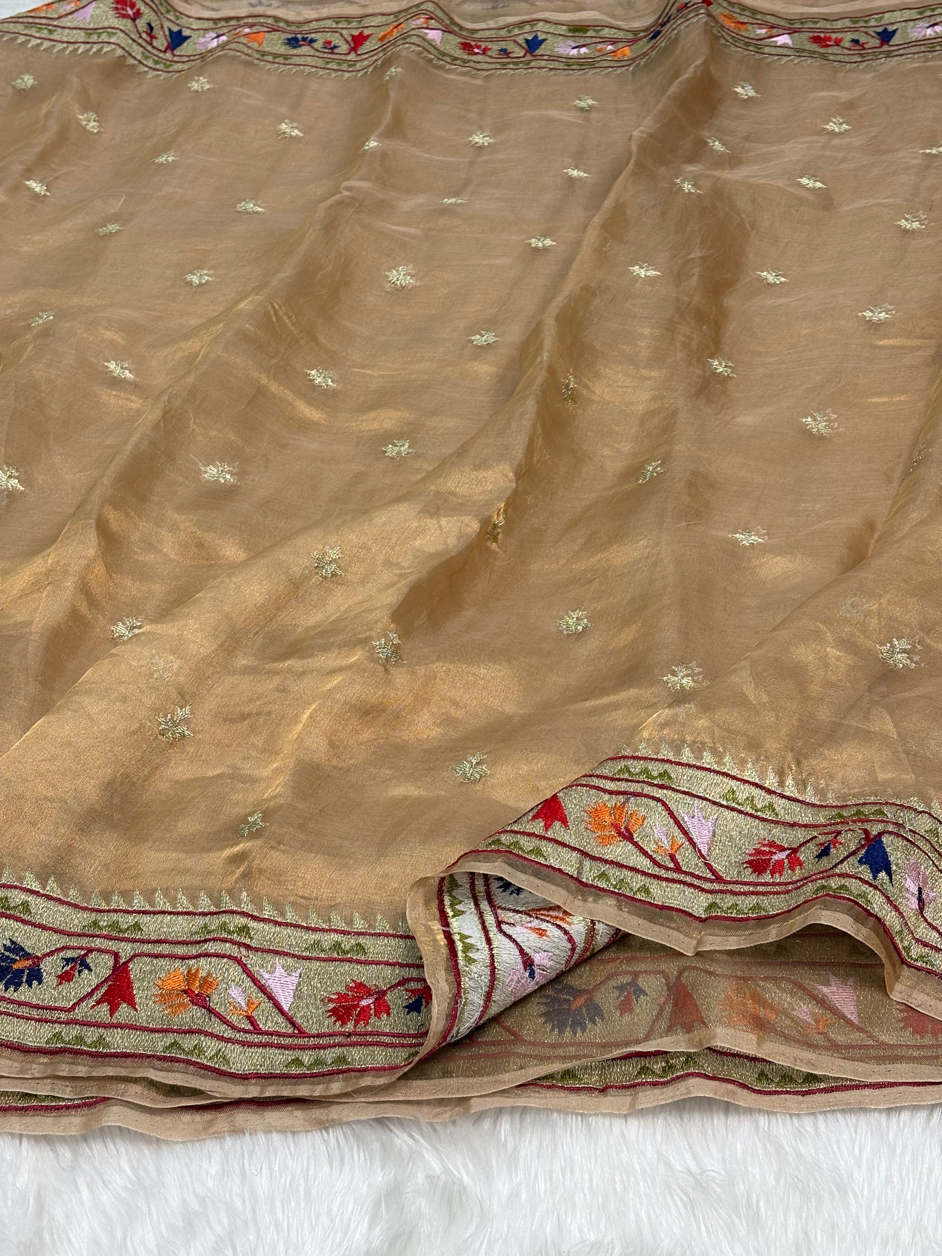 Antique Gold Pure Tissue Banarasi Saree with Meenakari Border and Pathani Style Zari Embroidery