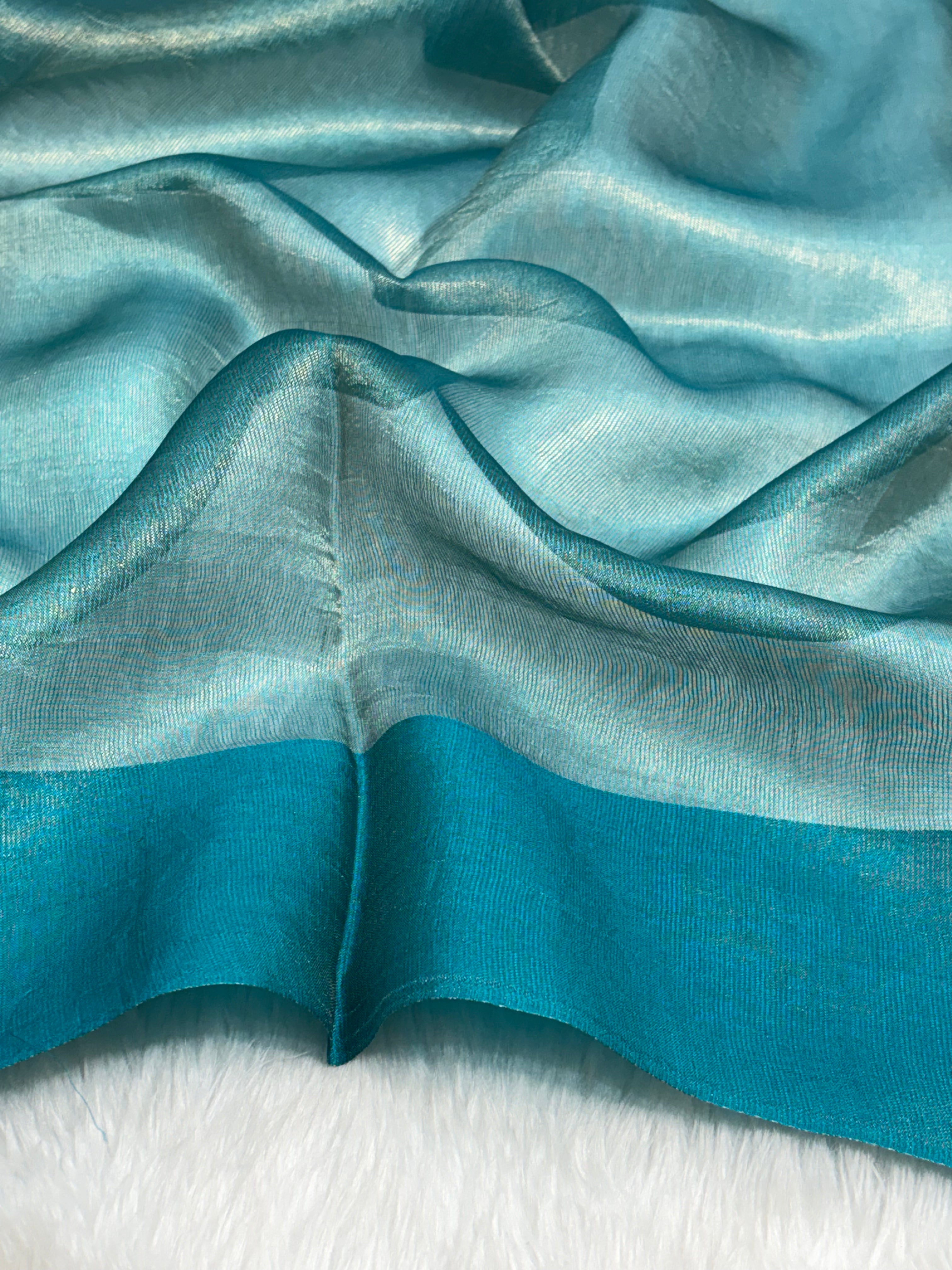 Molten Teal Green Pure Tissue Banarasi Saree with Satin Katan Silk Border