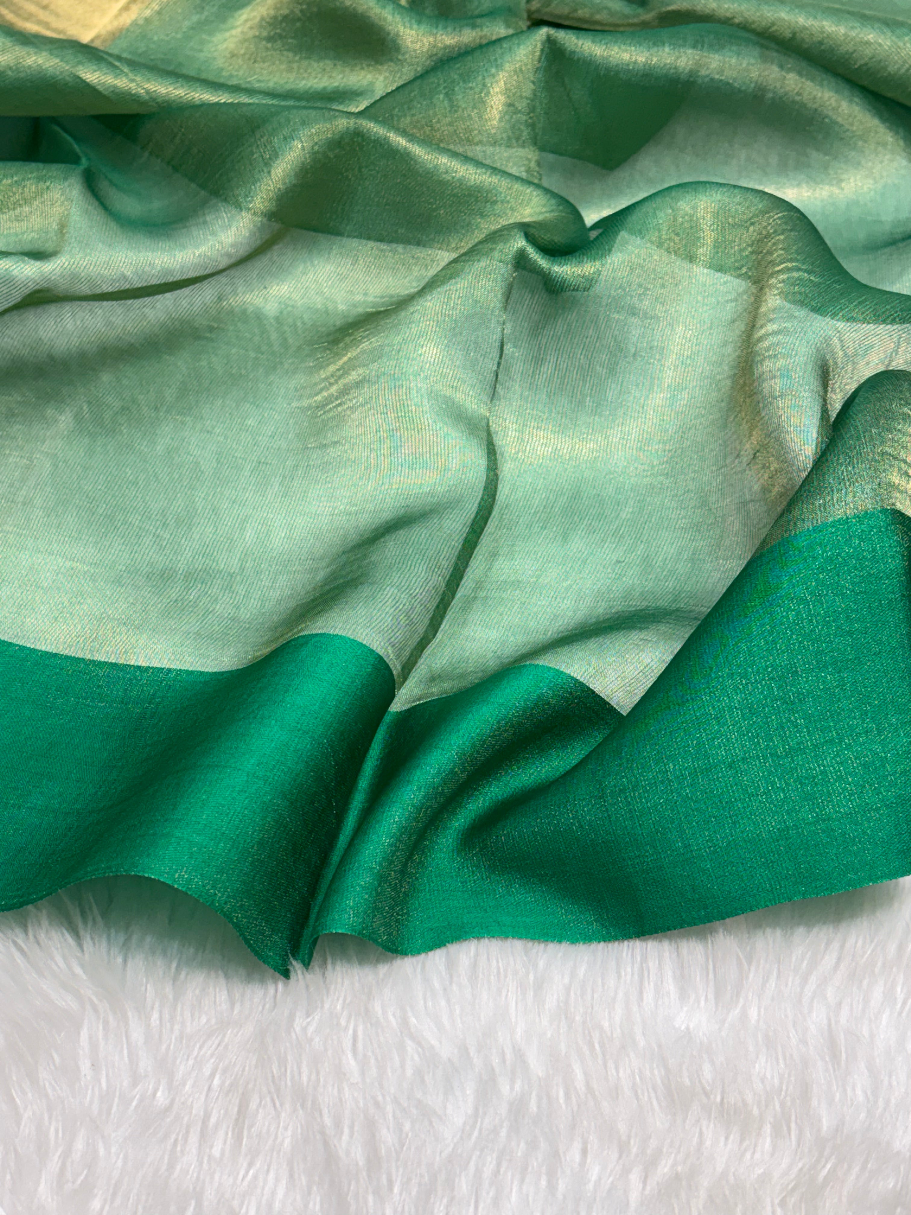 Molten Emerald Green Pure Tissue Banarasi Saree with Satin Katan Silk Border