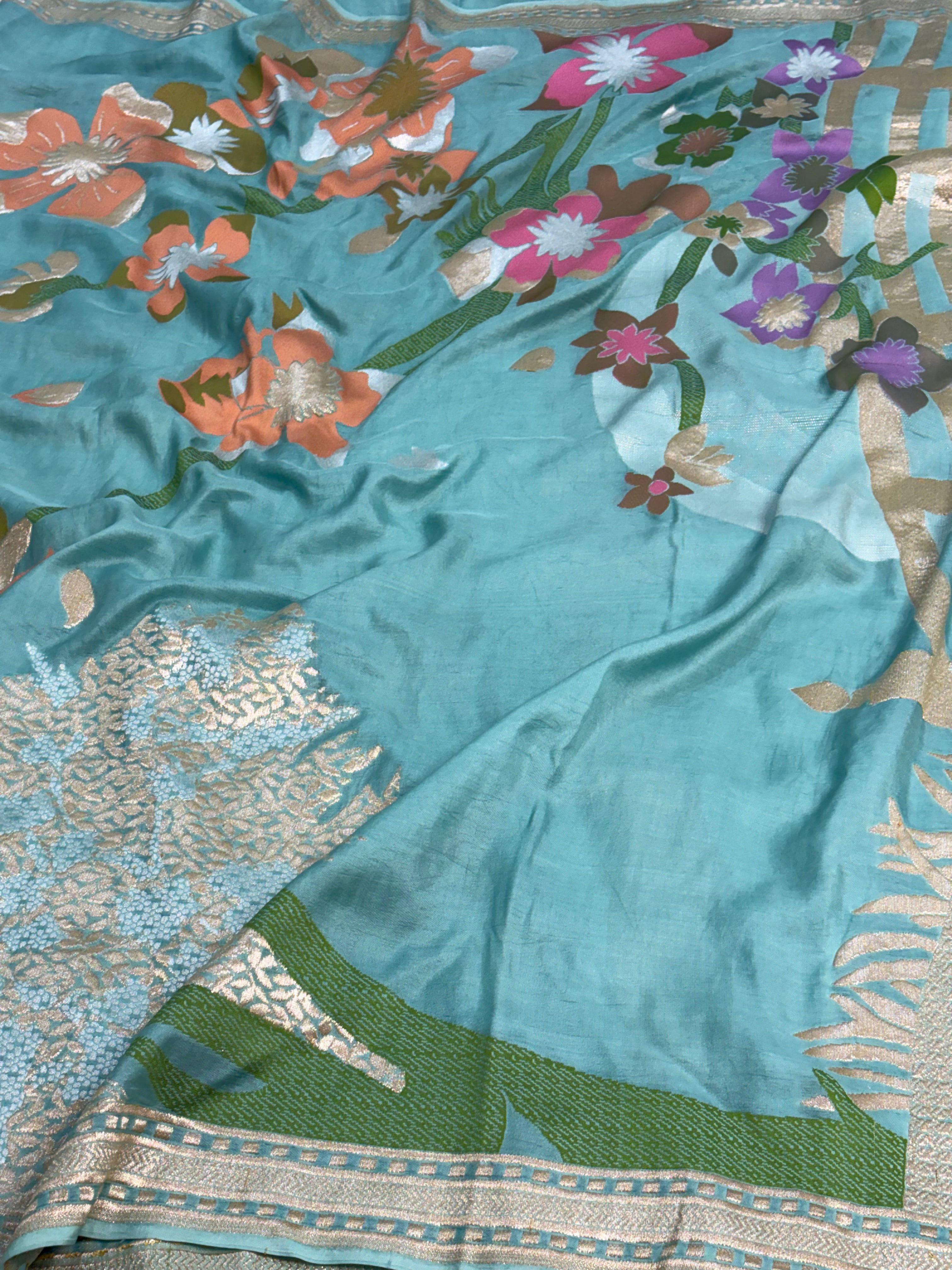 Aqua Blue Handwoven Banarasi Pure Katan Silk Saree with Floral & Tree Motif Weaving