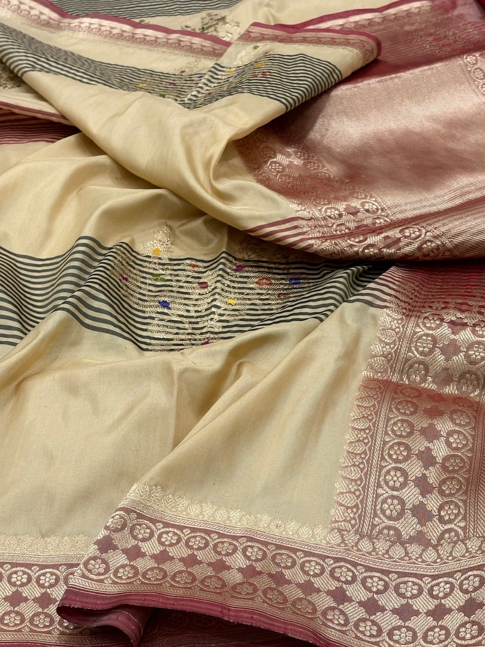 Ivory Banarasi Pure Katan Silk Handwoven Saree