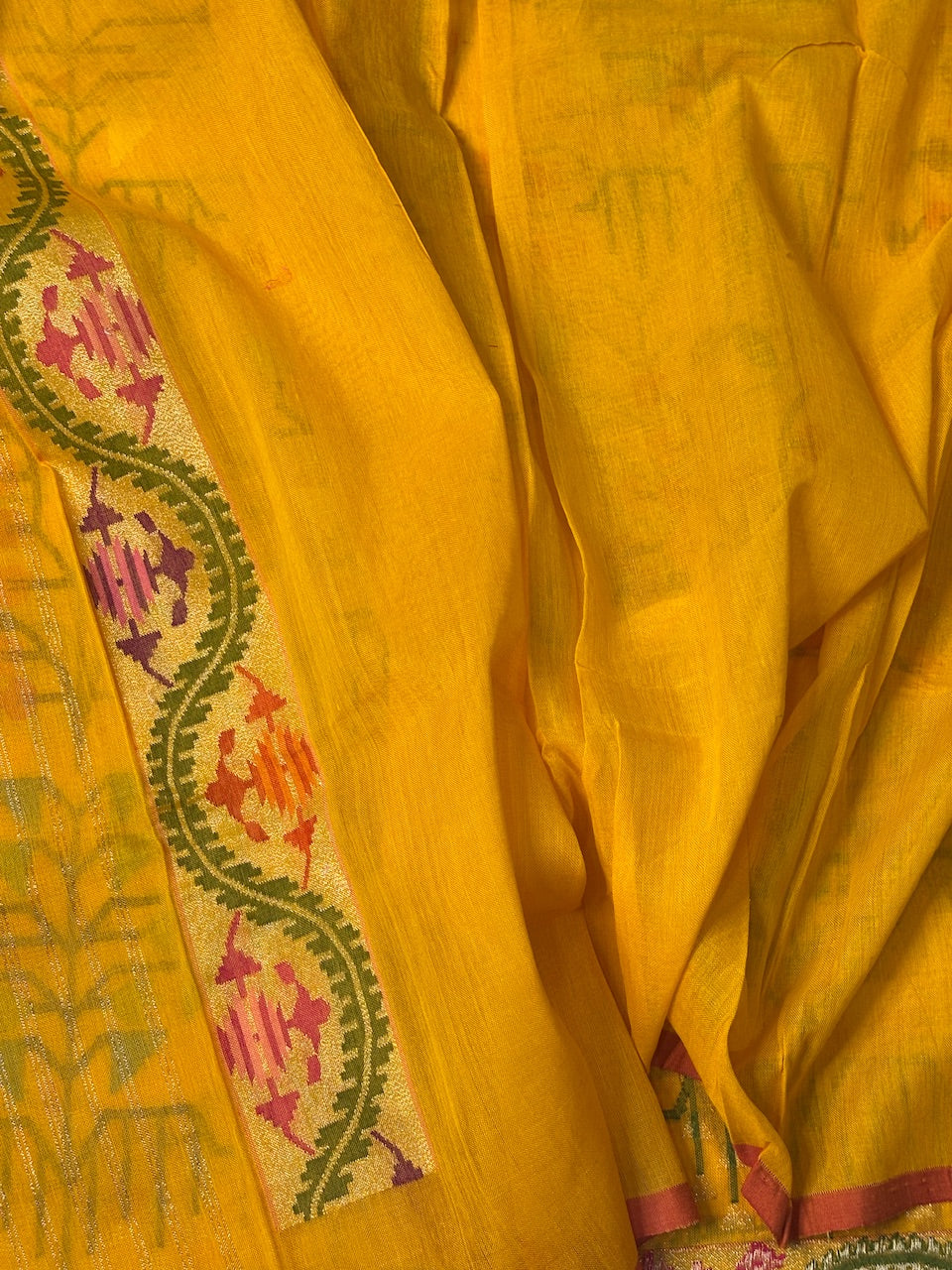 yellow Pure Banarasi Cotton Jamdani Handwoven Saree with Real Zari