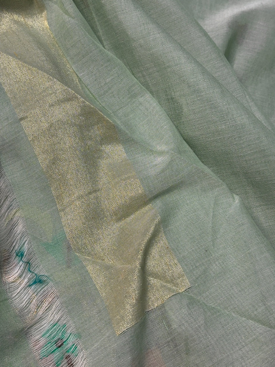 Sea Green Pure Banarasi Cotton Jamdani Handwoven Saree with Real Zari