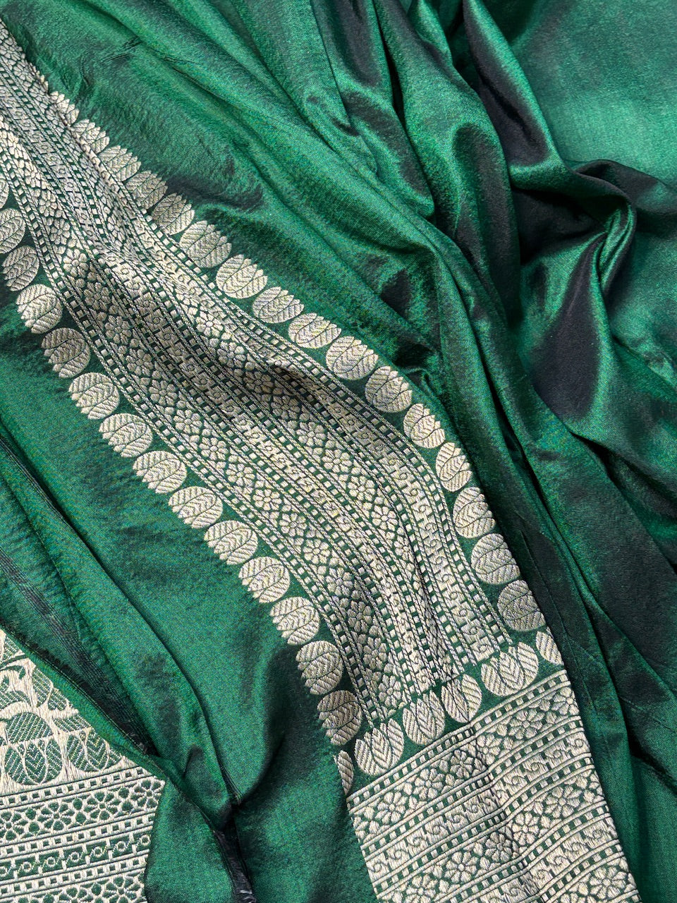 Bottle Green Banarasi Katan Brocade Handwoven Silk Saree