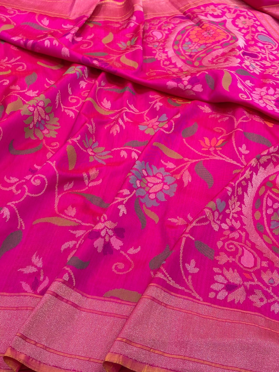 Hot Pink Banarasi Ektara Silk Handwoven Saree with Real Zari