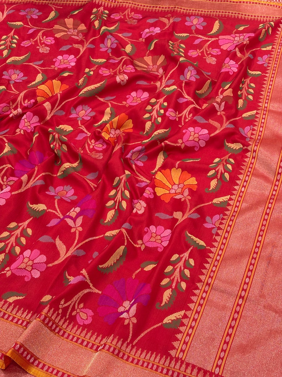 Raktambari Banarasi Ektara Silk Jamdani Handwoven Saree with Real Zari