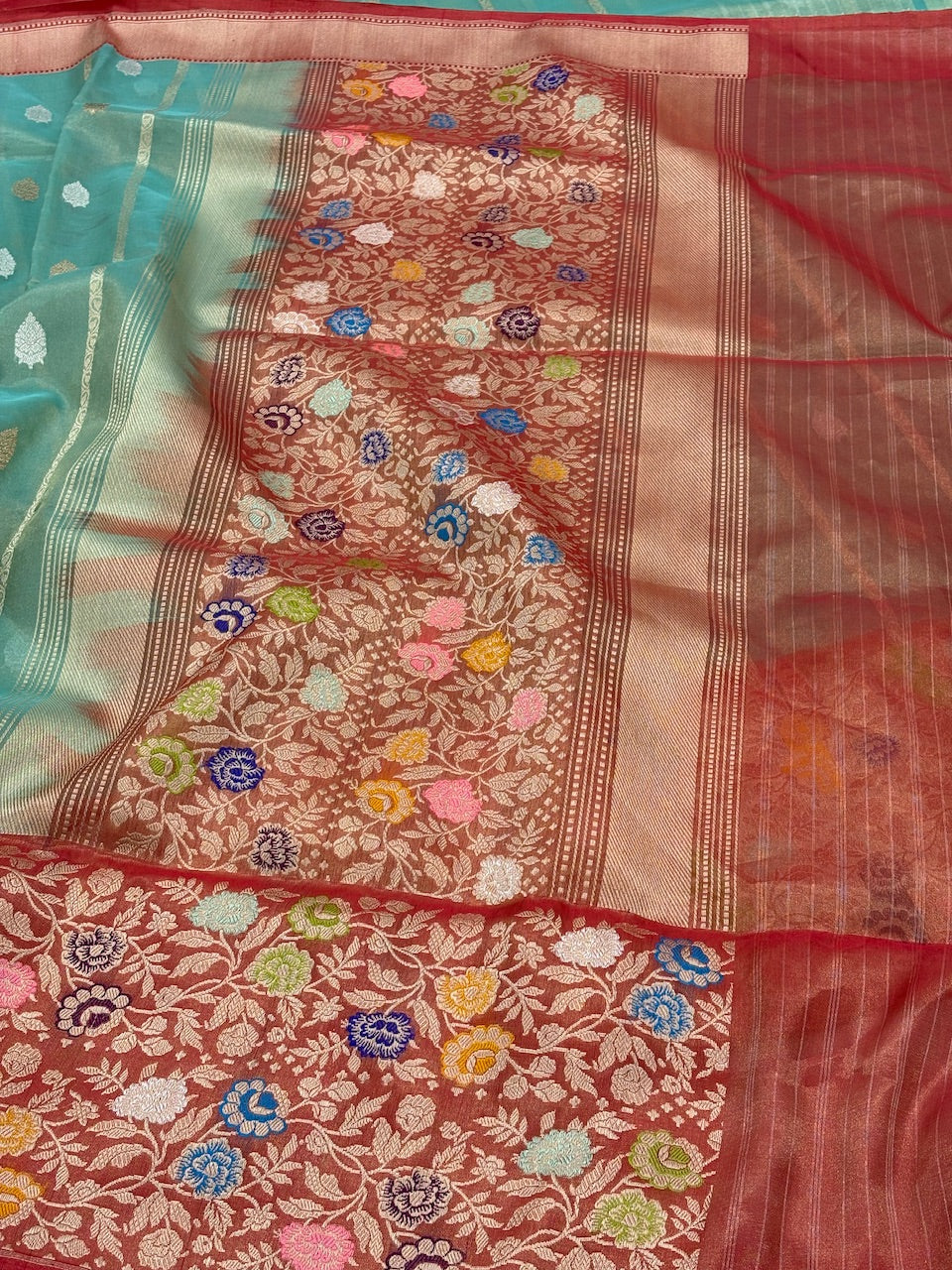 Aqua Green Banarasi Tissue Silk Handwoven Saree