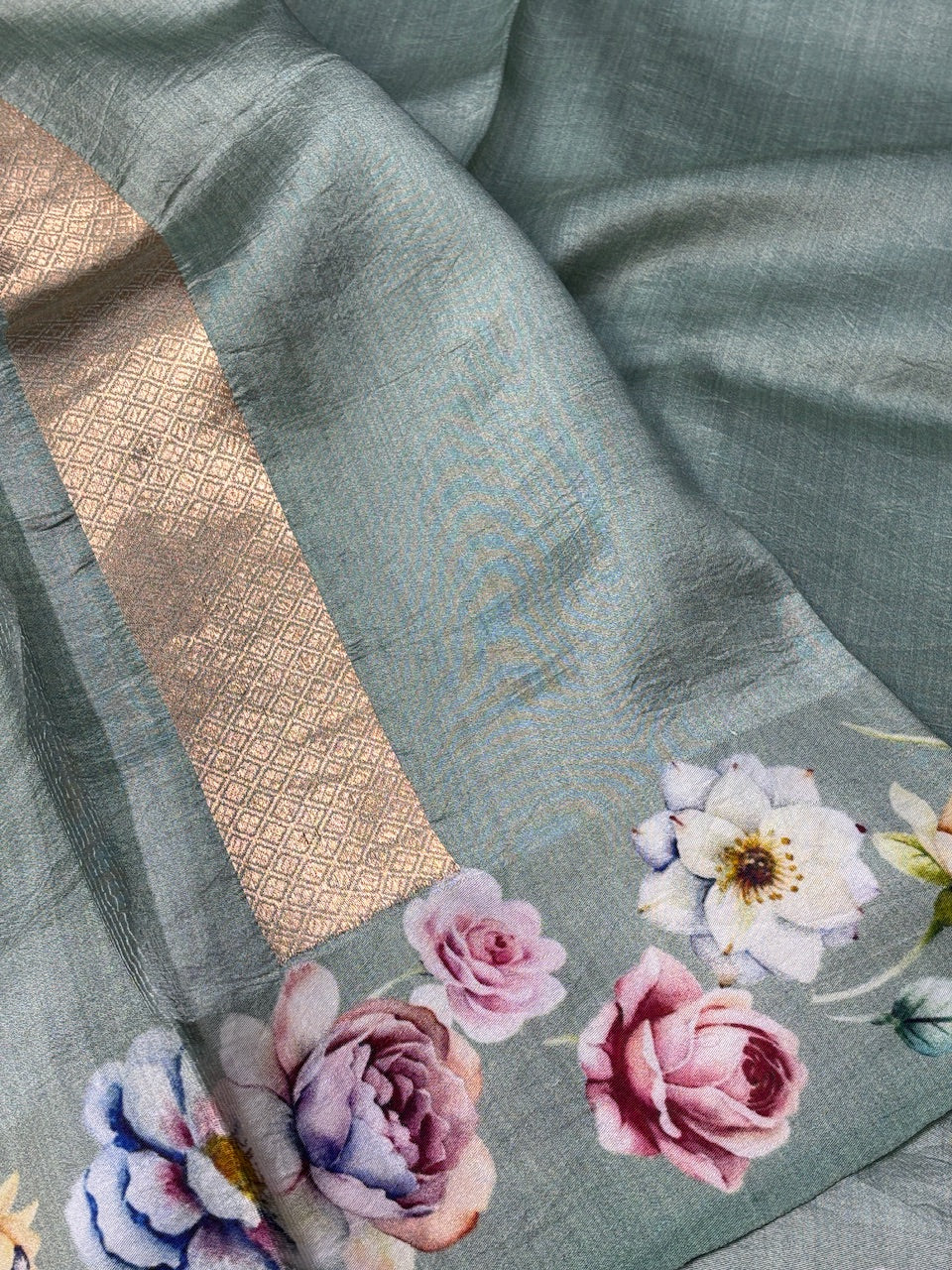 Sage Green Printed Mango Katan Banarasi Silk Handwoven Saree