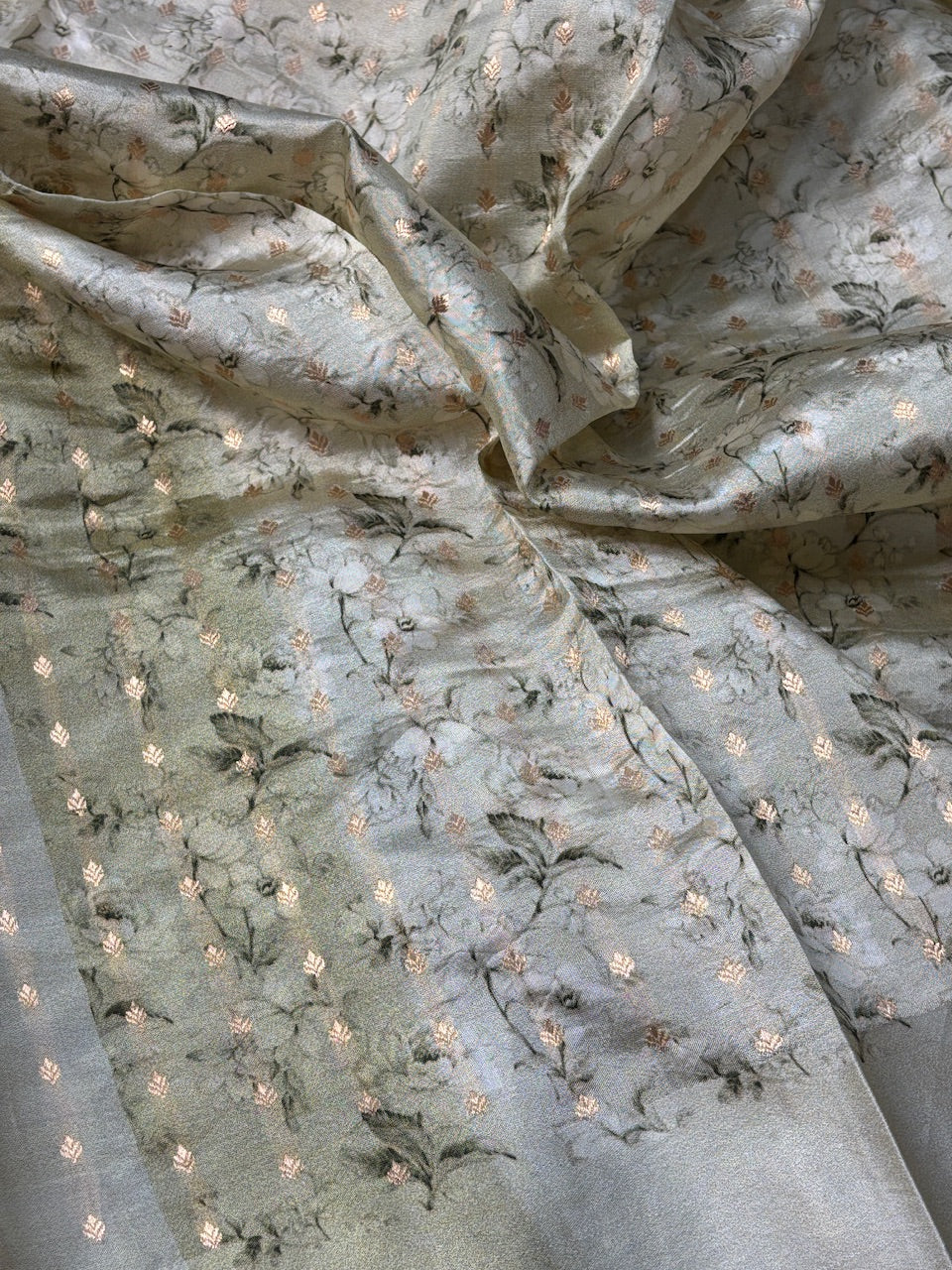 Grey Beige Printed Mango Katan Banarasi Silk Handwoven Saree