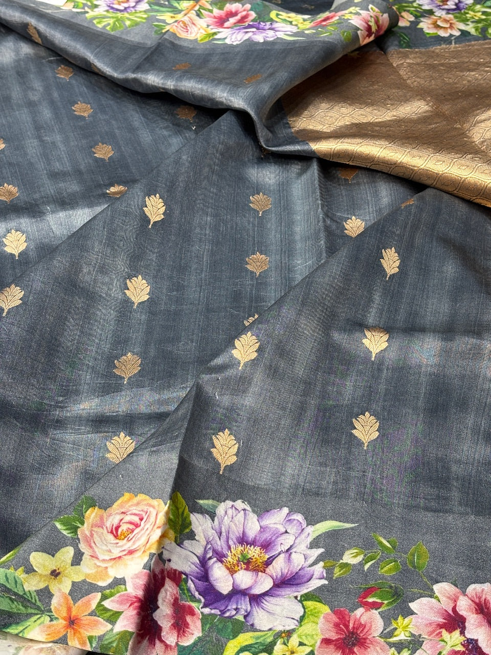 Greyish Printed Mango Katan Banarasi Silk Handwoven Saree