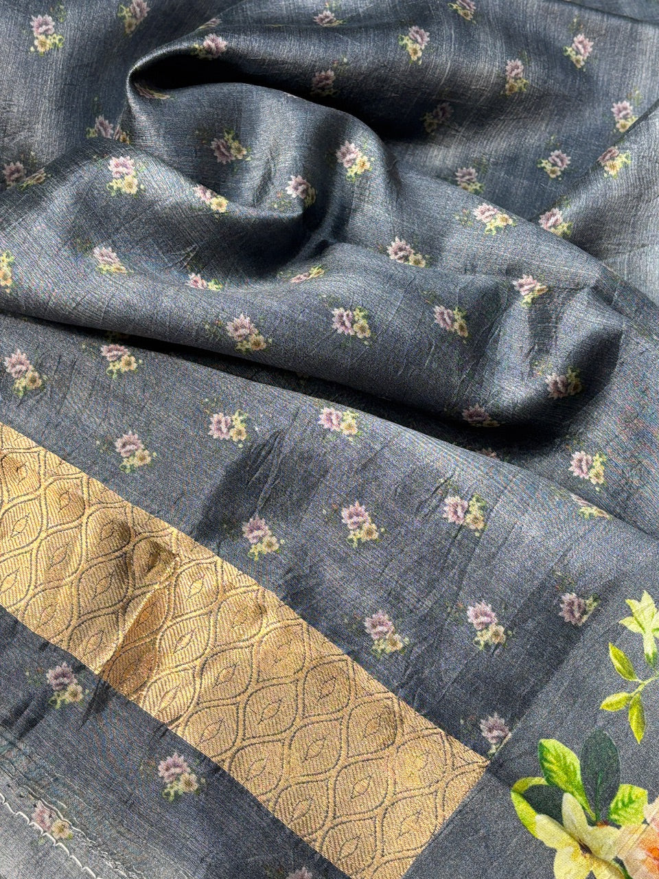 Greyish Printed Mango Katan Banarasi Silk Handwoven Saree