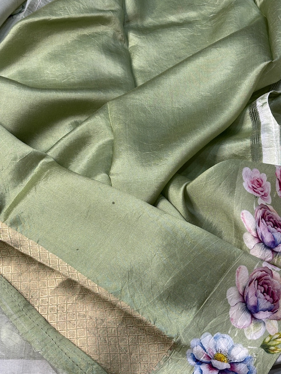 Sage Green Printed Mango Katan Banarasi Silk Handwoven Saree