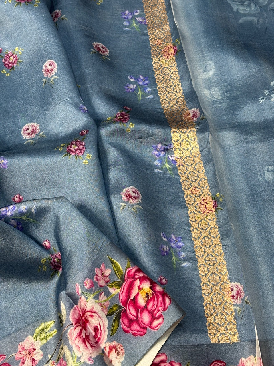 Greyish Printed Mango Katan Banarasi Silk Handwoven Saree