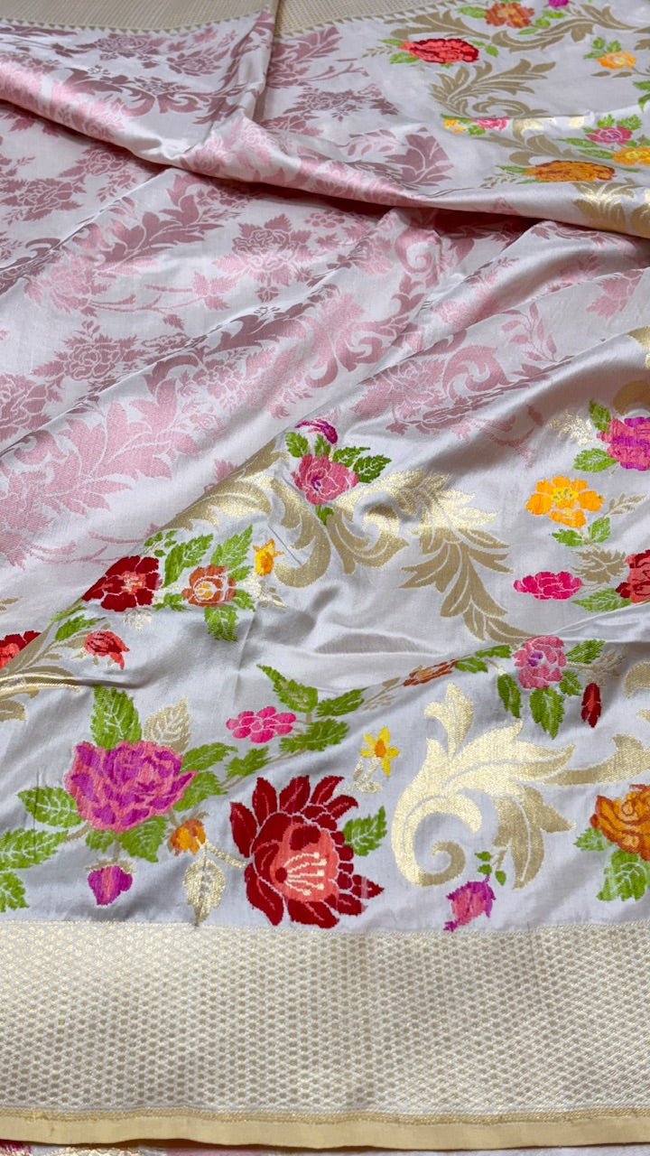 Off White Pure Banarasi Katan Silk Saree