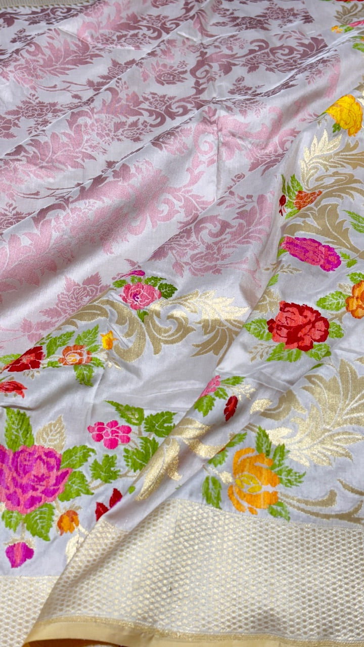 Off White Pure Banarasi Katan Silk Saree